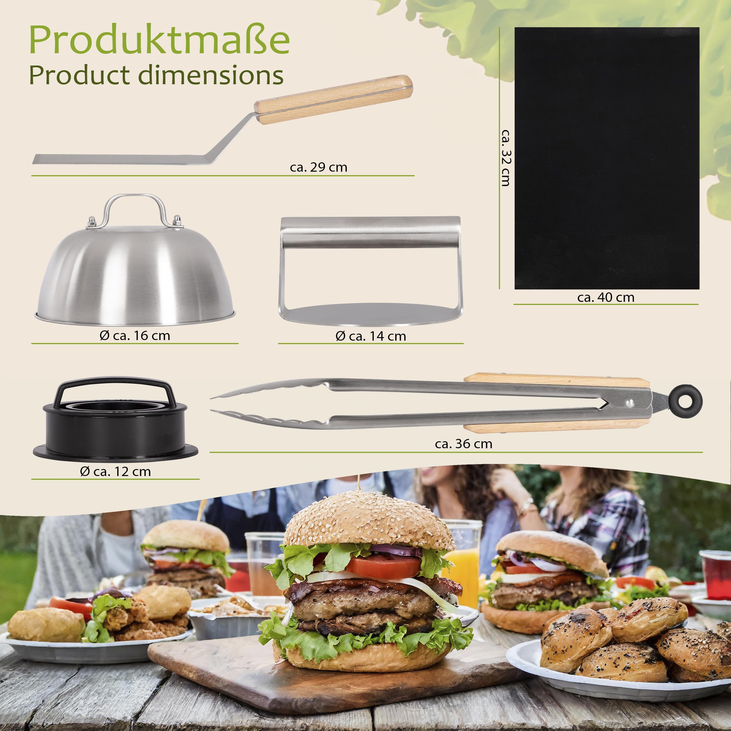 ONVAYA® Burger Set ǀ 8 Teile inkl. Edelstahl Burgerglocke und Smash Burgerpresse ǀ Smash-Burger-Set mit Grillmatte, Wender und Schmelzglocke ǀ Burger Smasher ǀ Grillglocke