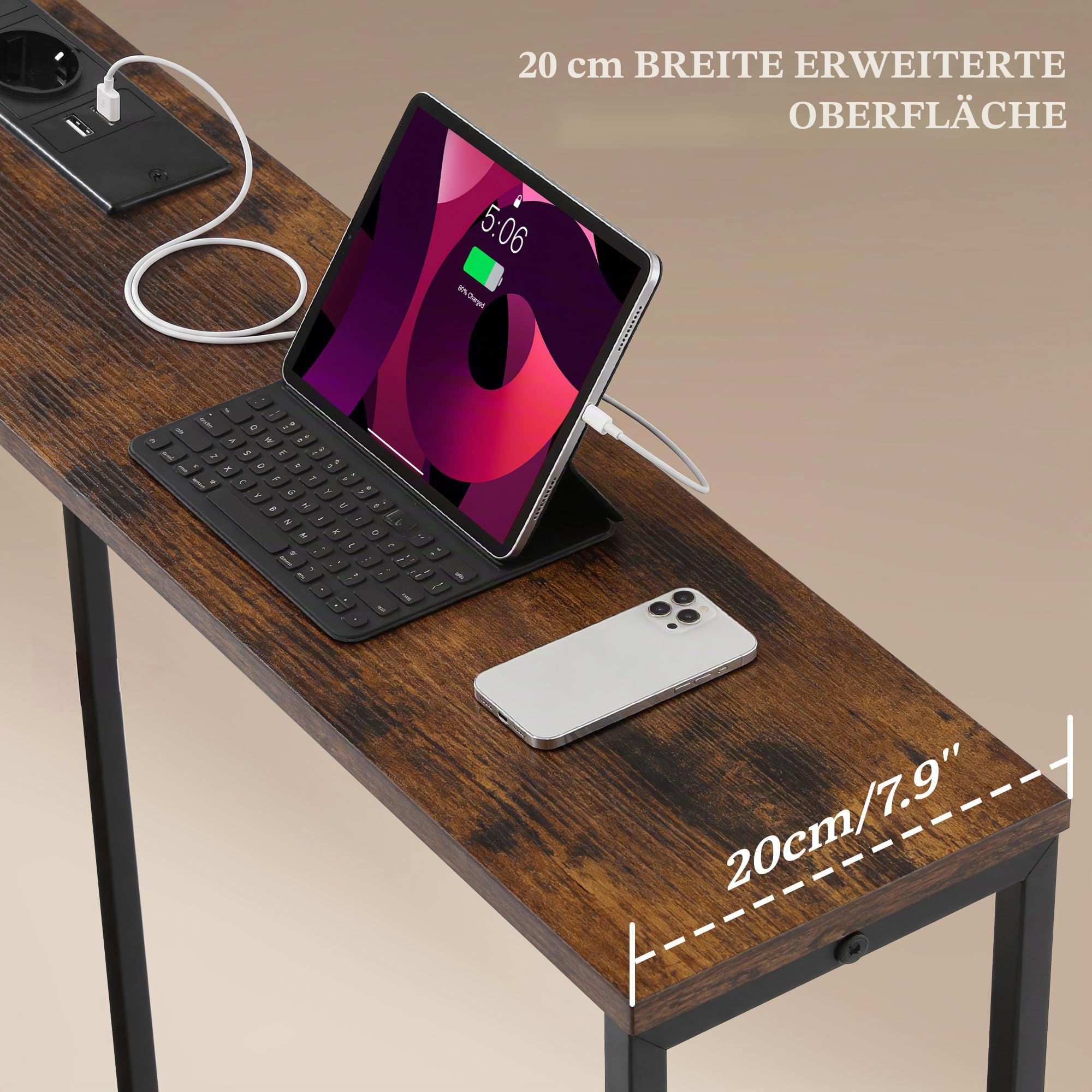 YITAHOME Konsolentisch mit Steckdosenleiste, L-förmiger Konsolentisch Shmal mit Ladestation, 2 Steckdosen und 2 USB-Anschlüsse, Sofatisch, für Eingangsbereich, Flur, 3 Kombinationsmodi, Schwarz