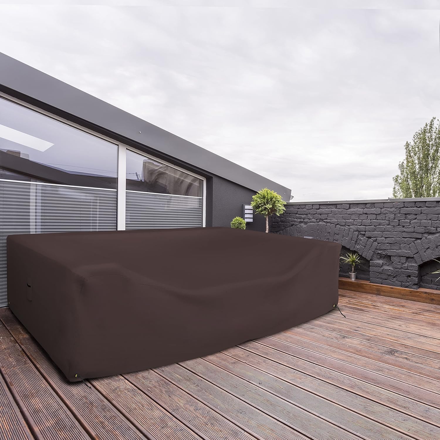 Covers & all Sectional Sofa Cover, Heavy duty 18 Oz Waterproof UV & Weather resistant, Outdoor Patio Couch Furniture Protector with Air Pockets & Drawstrings (126"L x 126"W x 28"H, Coffee)