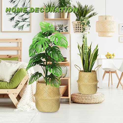 Miniatura 4 de Ziliny 2 cestas tejidas de gran tamaño de hierba marina de 18 pulgadas, cesta bohemia tejida con asas para almacenamiento, lavandería, picnic,