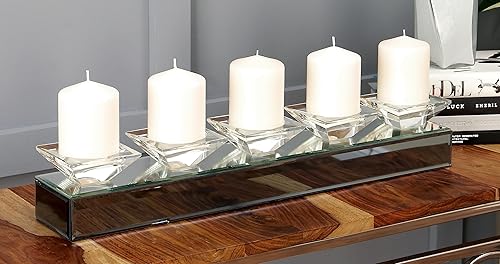 Miniatura 5 de Deco 79 Portavelas de vidrio hecho a mano con 5 platos con lados espejados, 24 x 4 x 4 pulgadas, color plateado