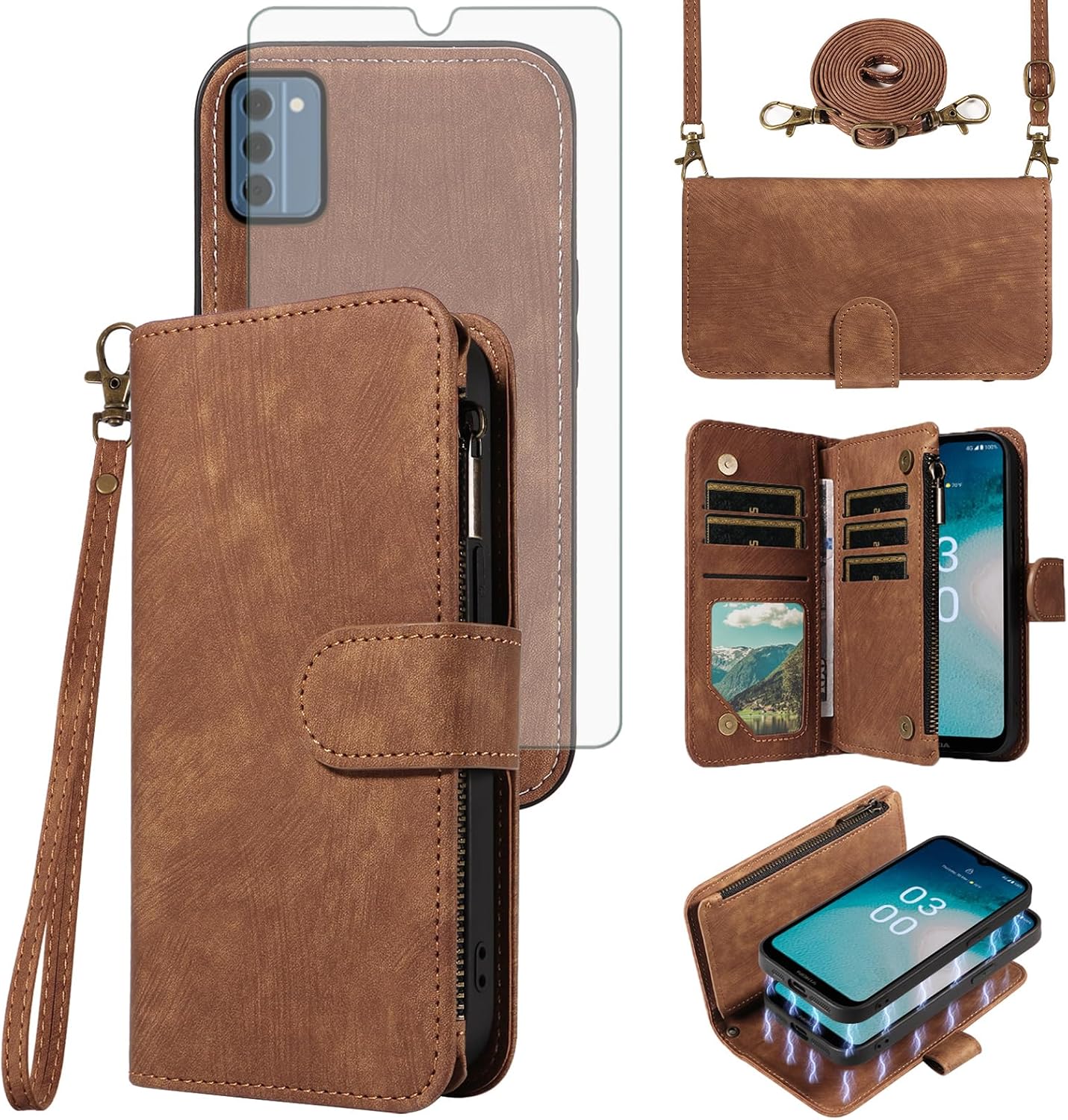 Asuwish Phone Case for Nokia C300 Zipper Wallet Detachable Magnetic Cover with Tempered Glass Screen Protector Crossbody Lanyard Strap Flip Card Holder Slot C 300 300C TA-1515 2023 Women Girls Brown