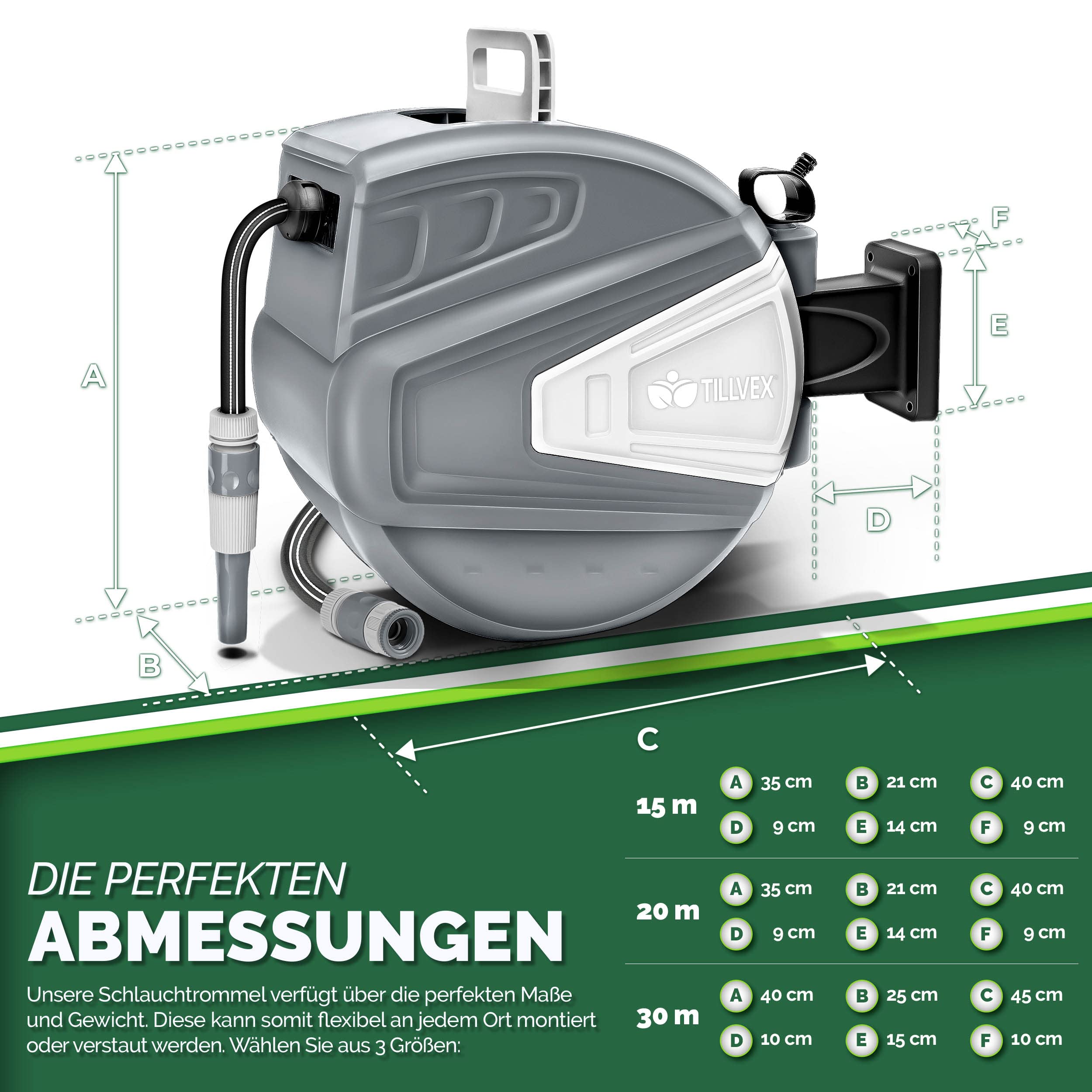 tillvex Carrete para Manguera de agua 15+2m con soporte de pared | Enrollador de manguera con pistola manual y manguera de jardín | Caja de manguera para pared con enrollado automático