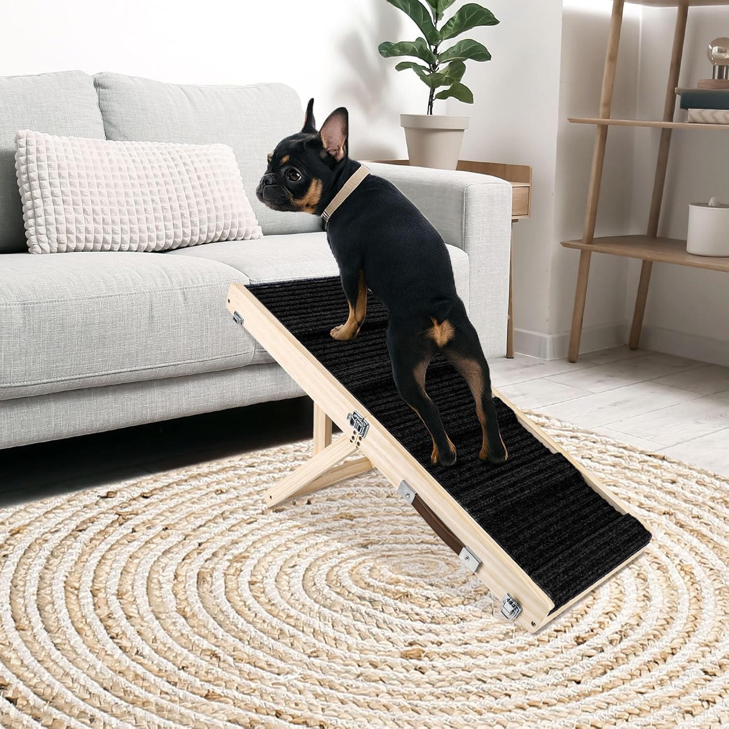 Okydoky Small Dog Ramp, Adjustable Portable Folding Wooden Pet Ramp, 32″ Long with Non-Slip Traction Mat, Adjustable from 9″ to 17.5″, Dog Climbing Ladder for Sofa,Couch,Car(Black) NO.LGPT3