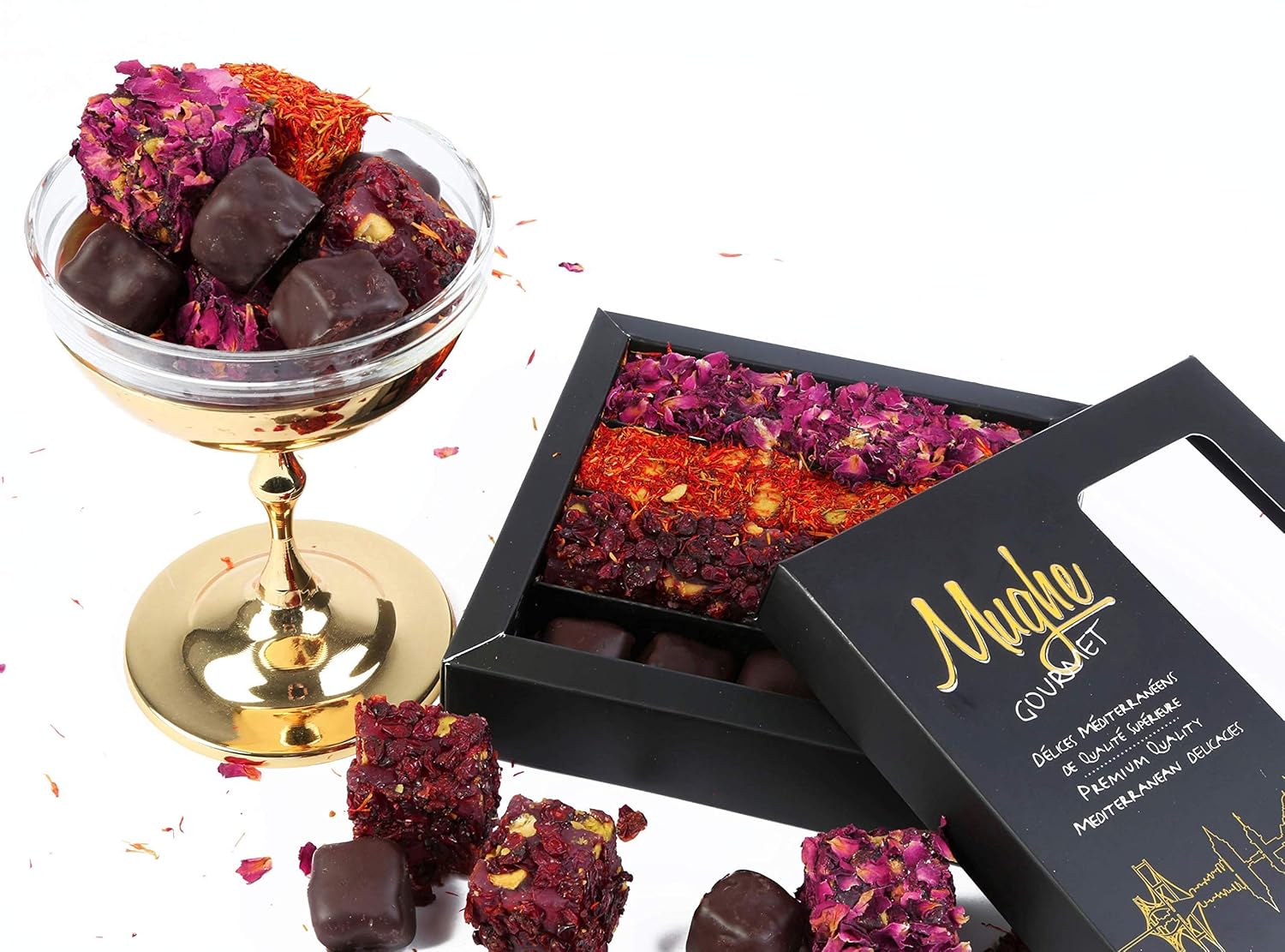 Mughe Gourmet Luxury Turkish Delight Assorted 360g (13Oz) 25 pc.- 4 Varieties: Dark Chocolate, Rose, Saffron, Zereshk with Pomegranate Flavor - Prestigious Lokum Gift Box - Perfect for Special Days