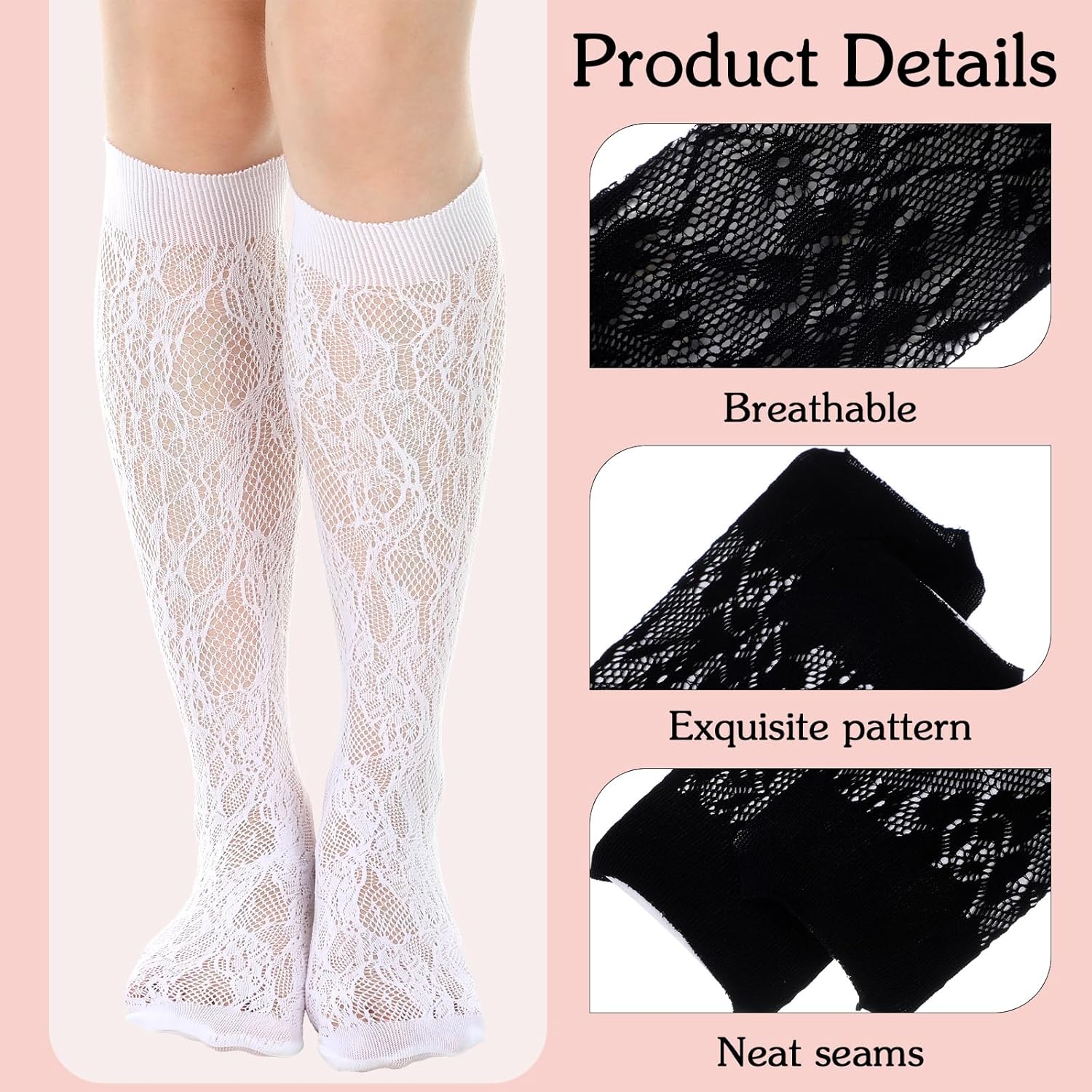 Bremorou Knee High Stockings For Women 6 Pairs Of Elegant Mesh Lace Knee High Stockings White & Black Fishnet Mesh Hollow Out Women Stockings Nylon Comfortable And Breathable - Image 4