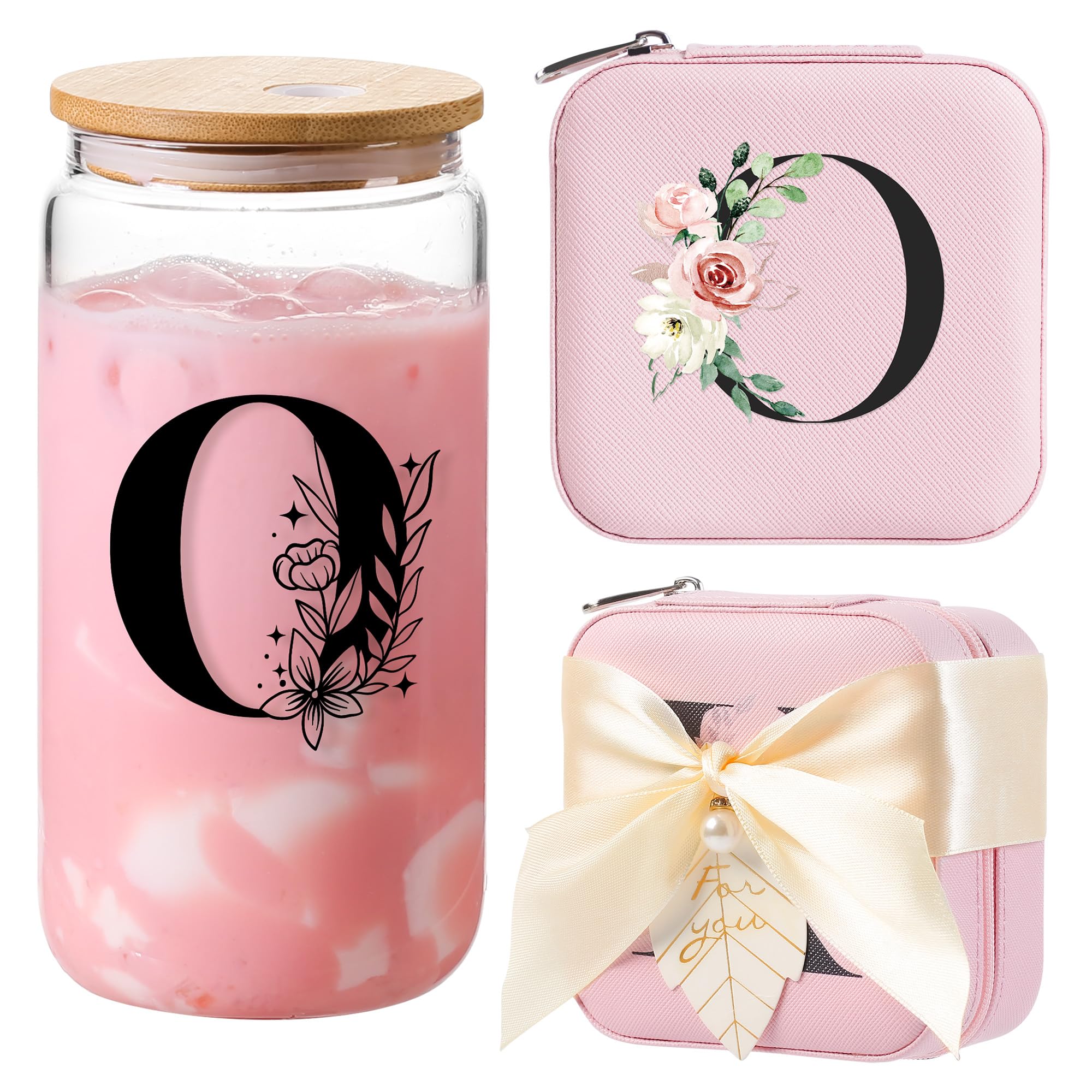 AYGXU Travel Jewelry Case for Women Girls, Organizer Box, 16oz Glass Cups With Bamboo Lids, Aesthetic Cup, Essentials, Initial O Pink