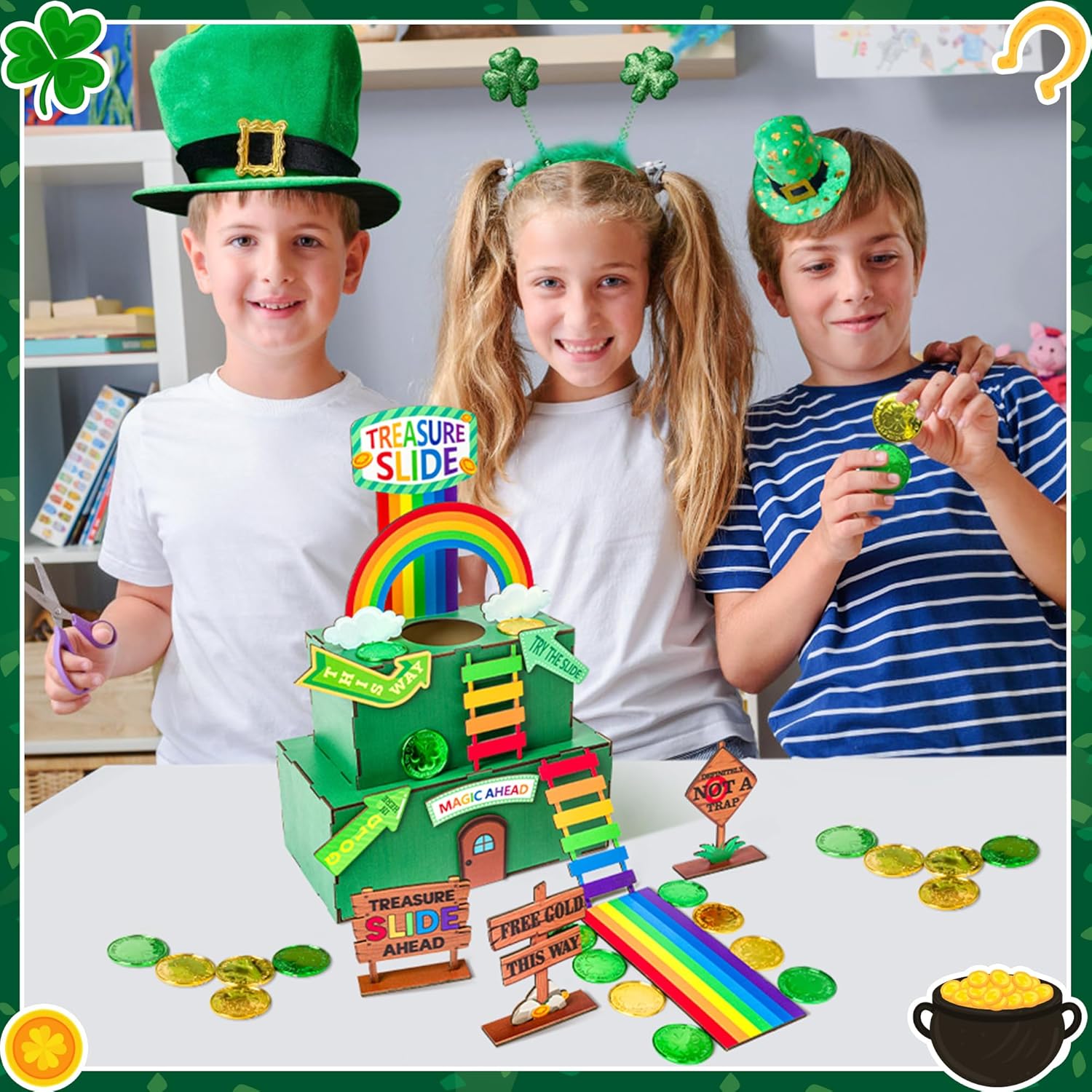 MALLMALL6 St. Patrick's Day Decorations Leprechaun Double Layers Trap Kit, Wood DIY Toys to Catch A Leprechaun Trap Craft Decor for Kids School Classroom Irish Themed Activities Shamrock Party Gifts