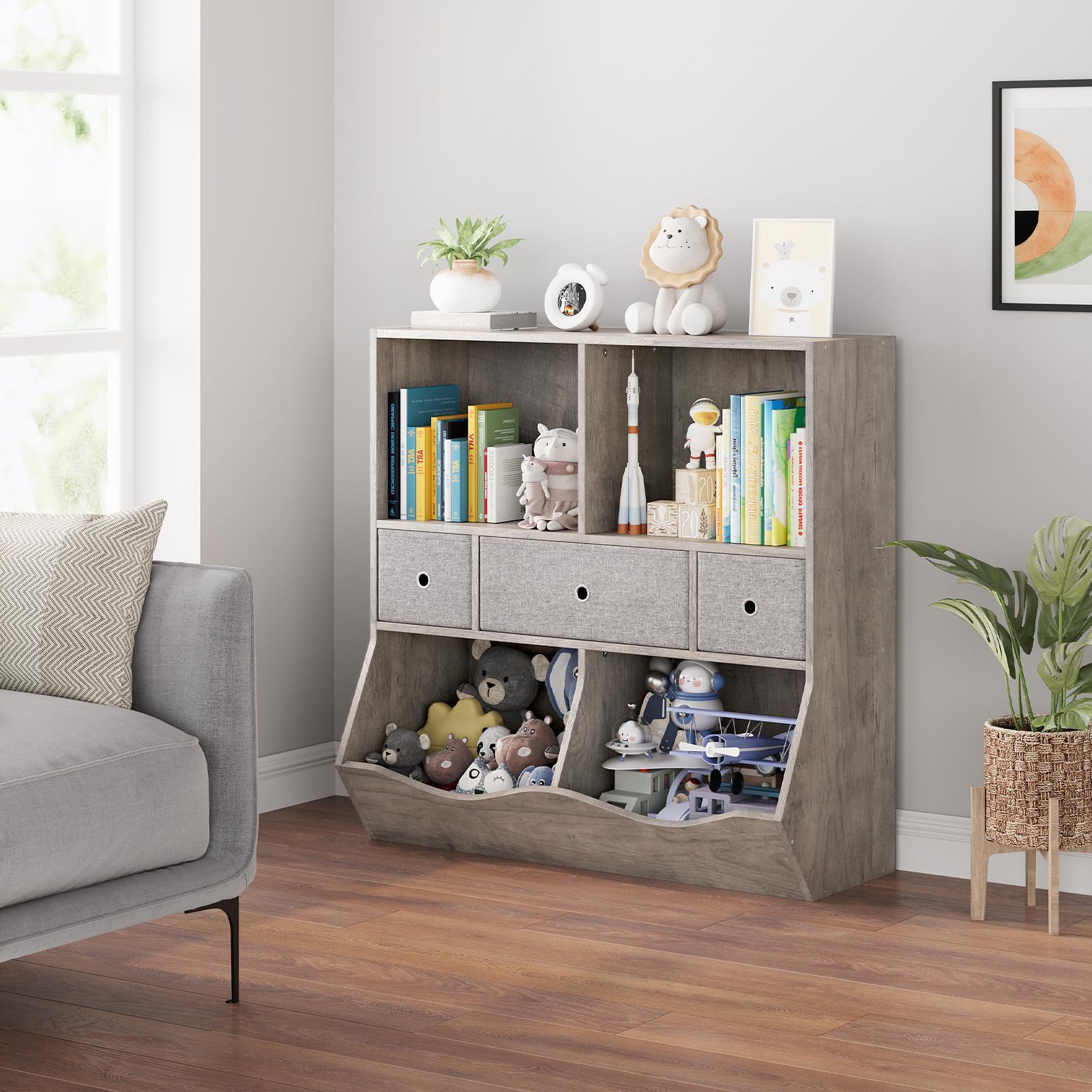 Zstar Lot de 2 bibliothèques pour Enfants avec 7 Compartiments et 3 tiroirs Amovibles – Étagères en Bois Gris pour Chambre, Salle de Jeux, Salon, Couloir, Maternelle – Système : System Default