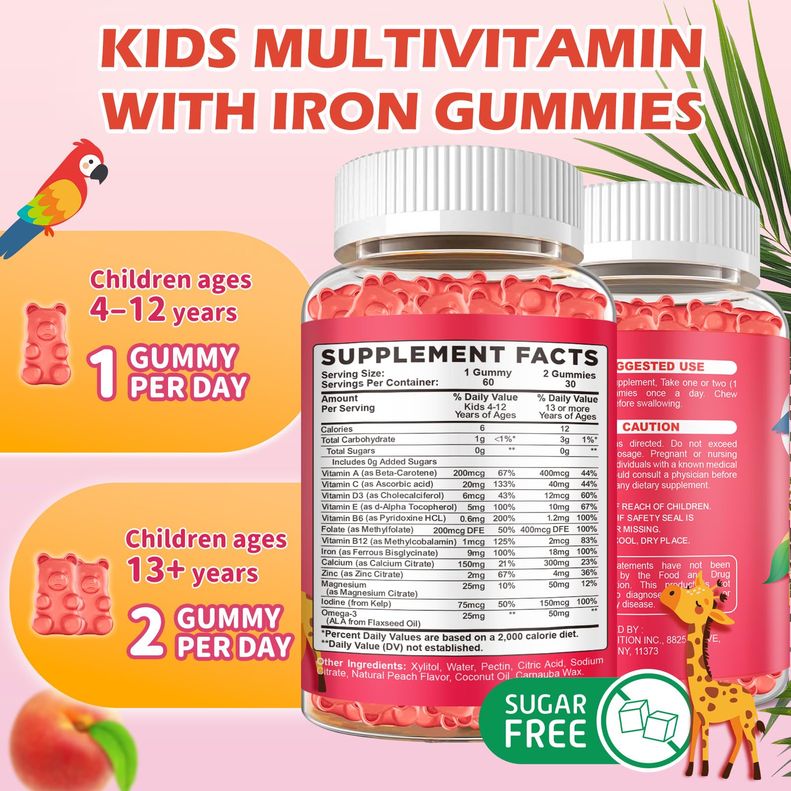 Iron Supplement Gummies for Kids with Multivitamin, Calcium, Zinc, Folate - Kids Iron Gummies Support Immune, Blood Builder, Iron Deficiency, Anemia & Energy - Vegan, Peach 60 Count — Amazon image 4