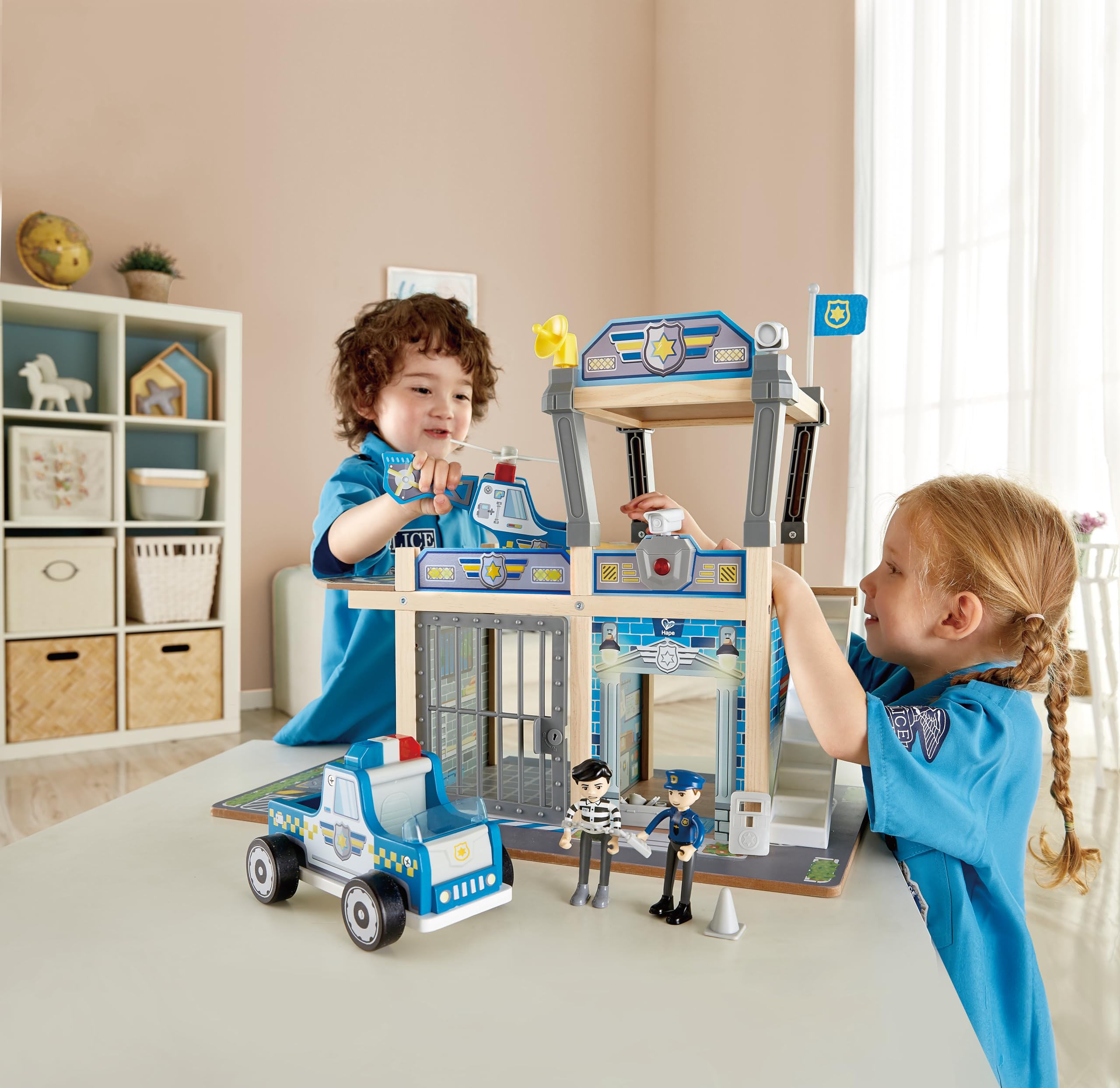 Hape Wooden Metro Police Station Play Set With Helicopter, Police Car, Figures & Sound - Toy For Kids 3+ 10 thumbnail image