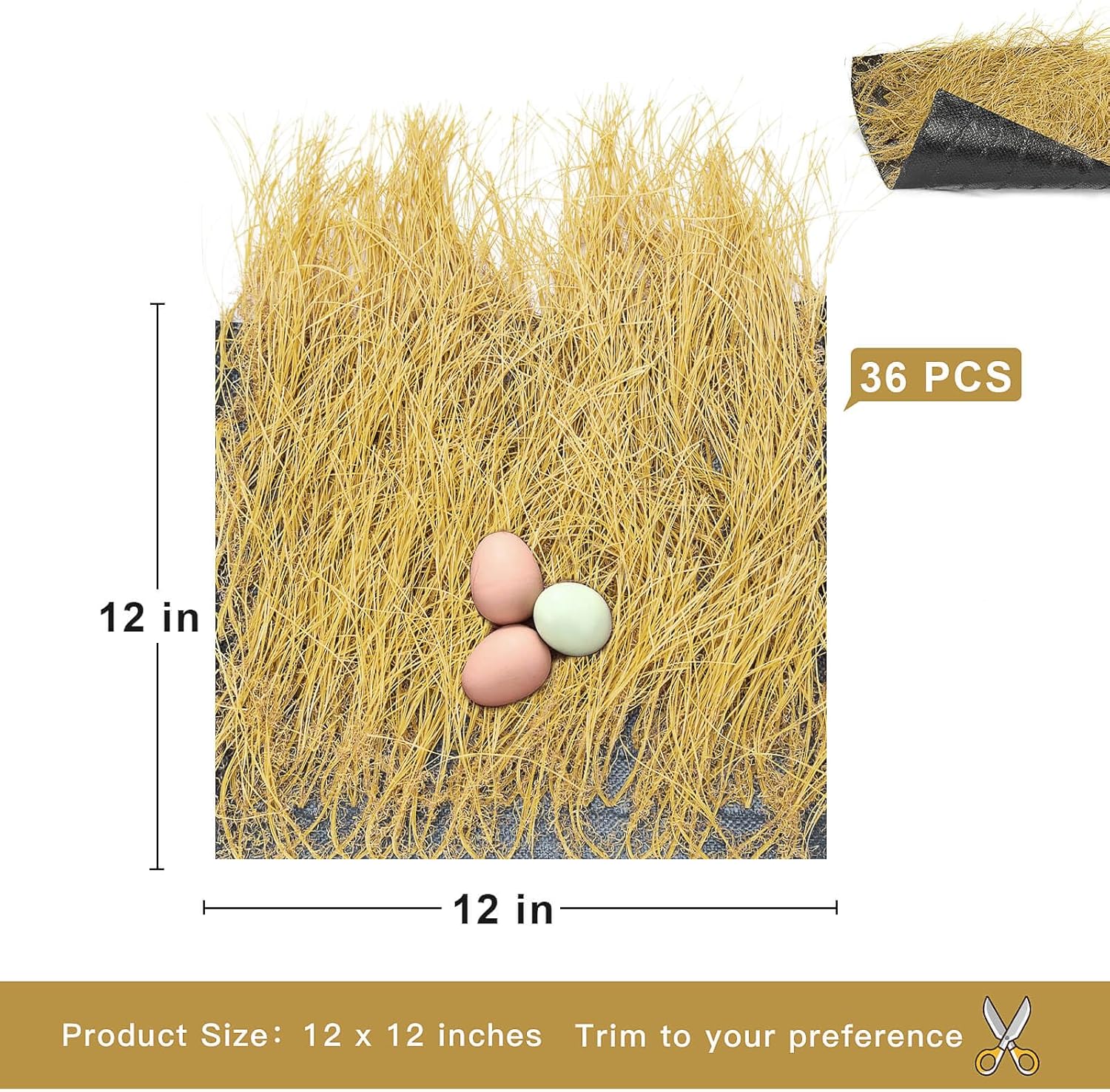 36 Pack Nesting Pads 12" × 12", Chicken Nesting Pads for Coop, Washable Artificial Straw Nesting Box for Laying Eggs for Hen Small Pets(Yellow)