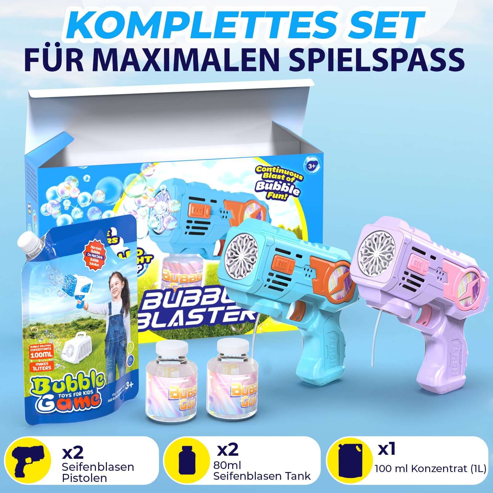 Blubbel 2X Seifenblasenpistole Set - LED Seifenblasenmaschine mit -1L Seifenblasenflüssigkeit, Seifenblasen Pistole - Blasen Kanone Luftblasen Bazooka Bubble Gun - Geschenke für Kinder - Hochzeit