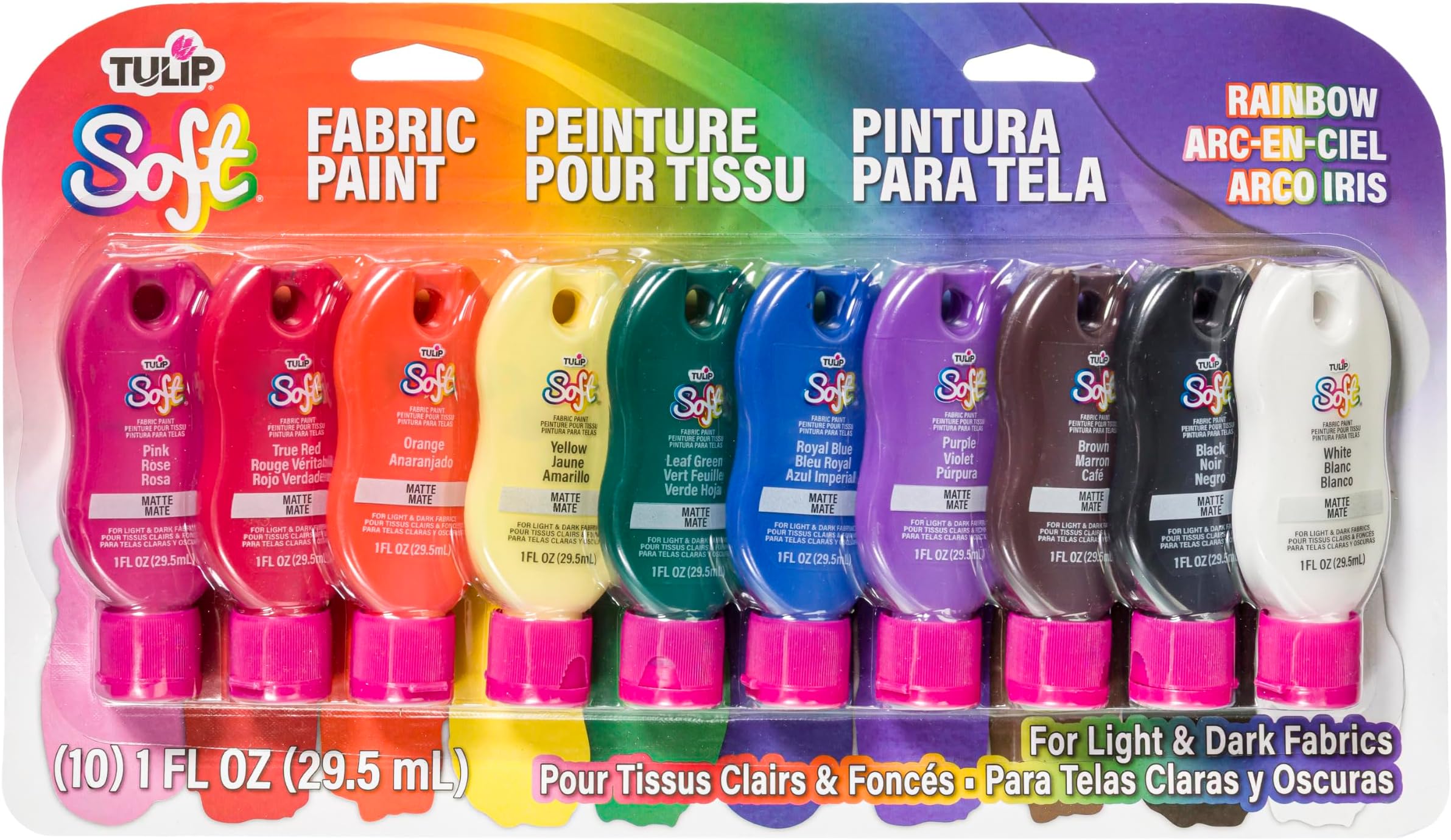 Soft Fabric Paint, Permanent Fabric Paint for Clothes, Rainbow Colors, 10 Pack, 1 fl oz bottles, Matte Finish Stays Flexible After Washing