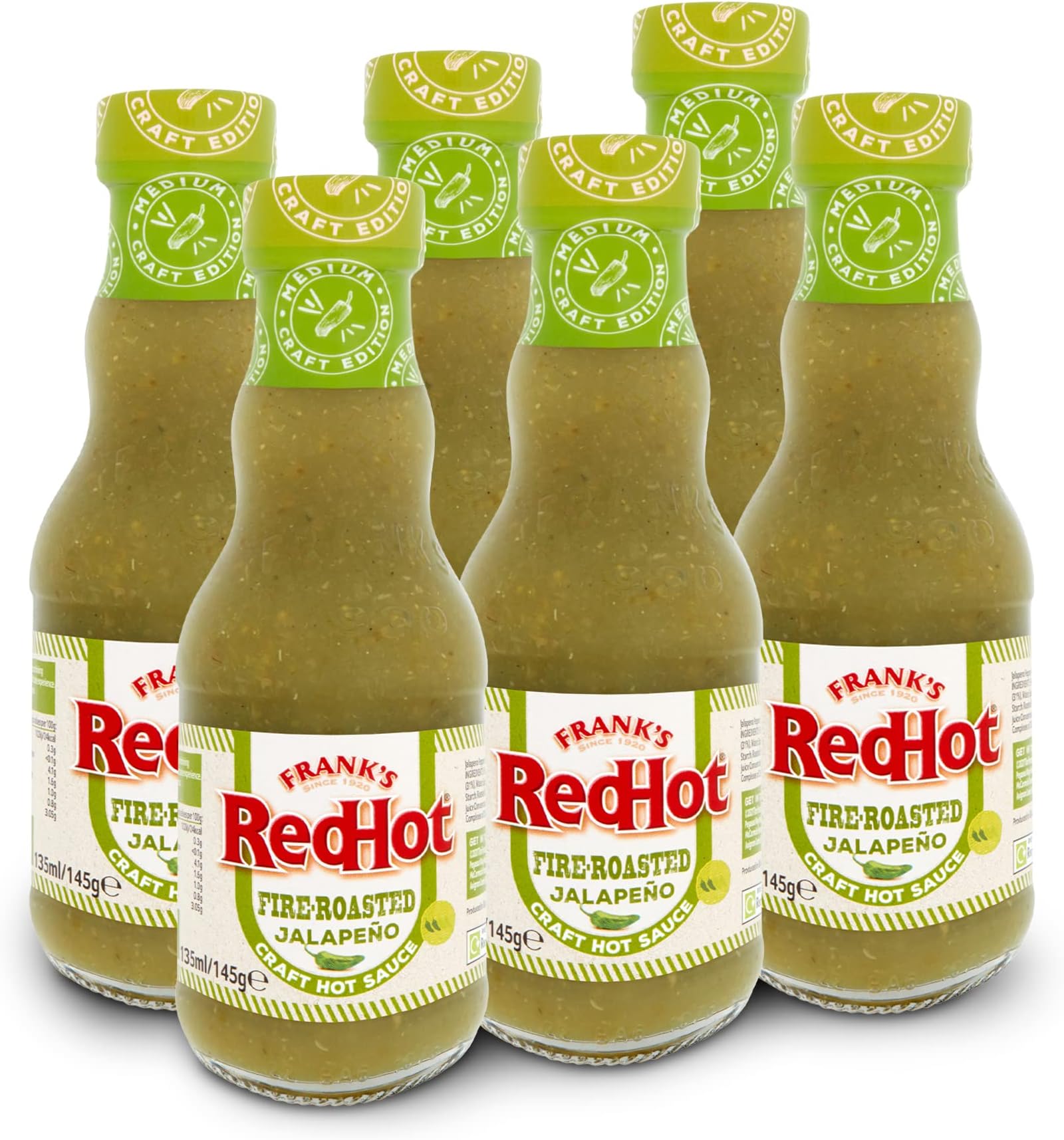 Fire-Roasted Jalapeño Craft Hot Sauce 135 ML | Pack of 6 | Smokey Fiery Hot Chilli Sauce | Use as Condiment | For Veg & Non-Veg Cuisine | Perfect for Grilled Chicken, Nachos and Tacos
