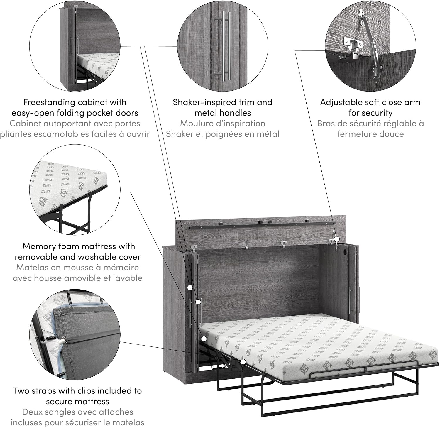 Bestar Pur 69W Full Size Murphy Cabinet Bed with Mattress in Bark Gray, 69-inch Space-Saving Sleeping Arrangement for Multipurpose Guest Room or Home Office