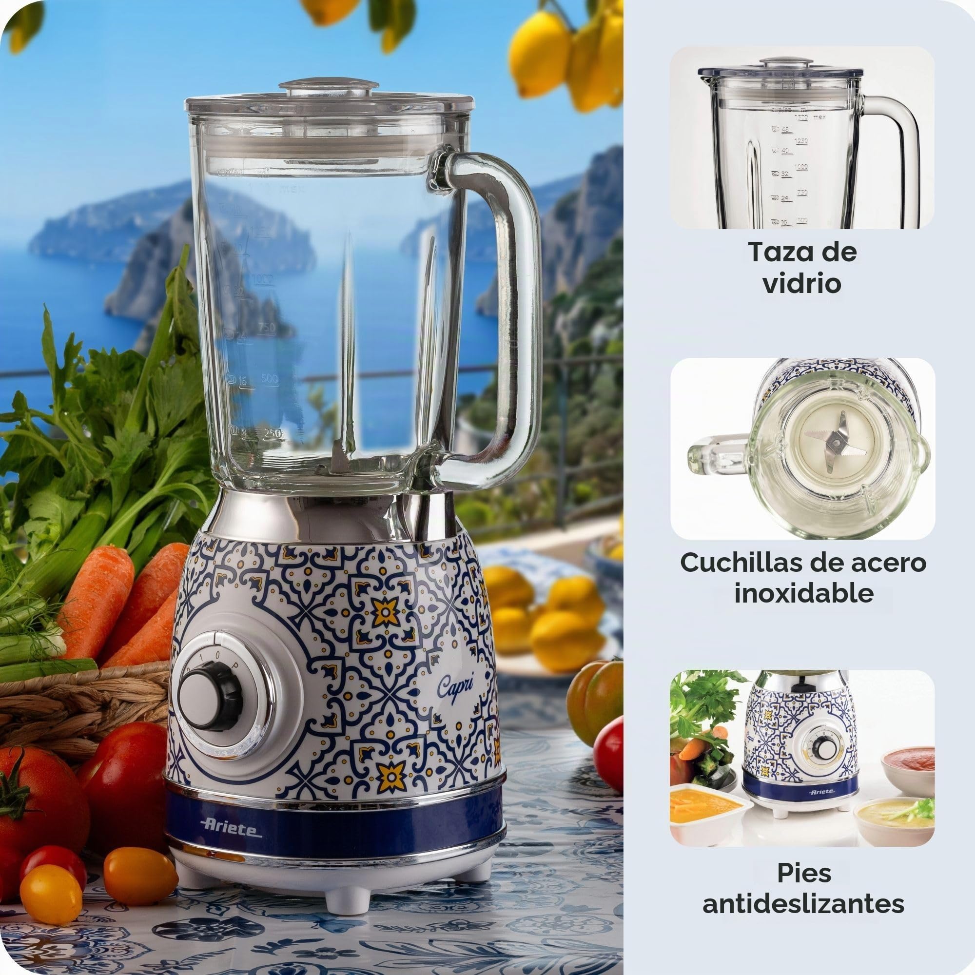 Ariete 583 Capri - Batidora de vaso con vaso de cristal de 1,5 litros, 4 cuchillas de acero inoxidable, 4 velocidades + pulso, 1000 W, cristal azul Capri
