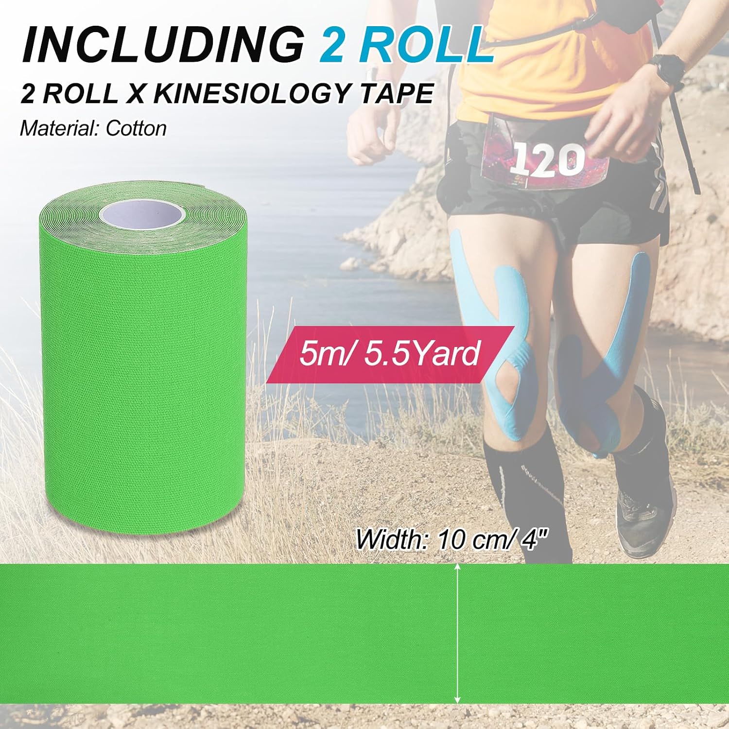 PATIKIL 16.4Ft x 4 Inch Kinesiology Tape, 2 Rolls Adhesive Cotton Sports Muscle Support Tapes Waterproof Elastic Tape for Knee Ankle Wrist Shoulder, Green