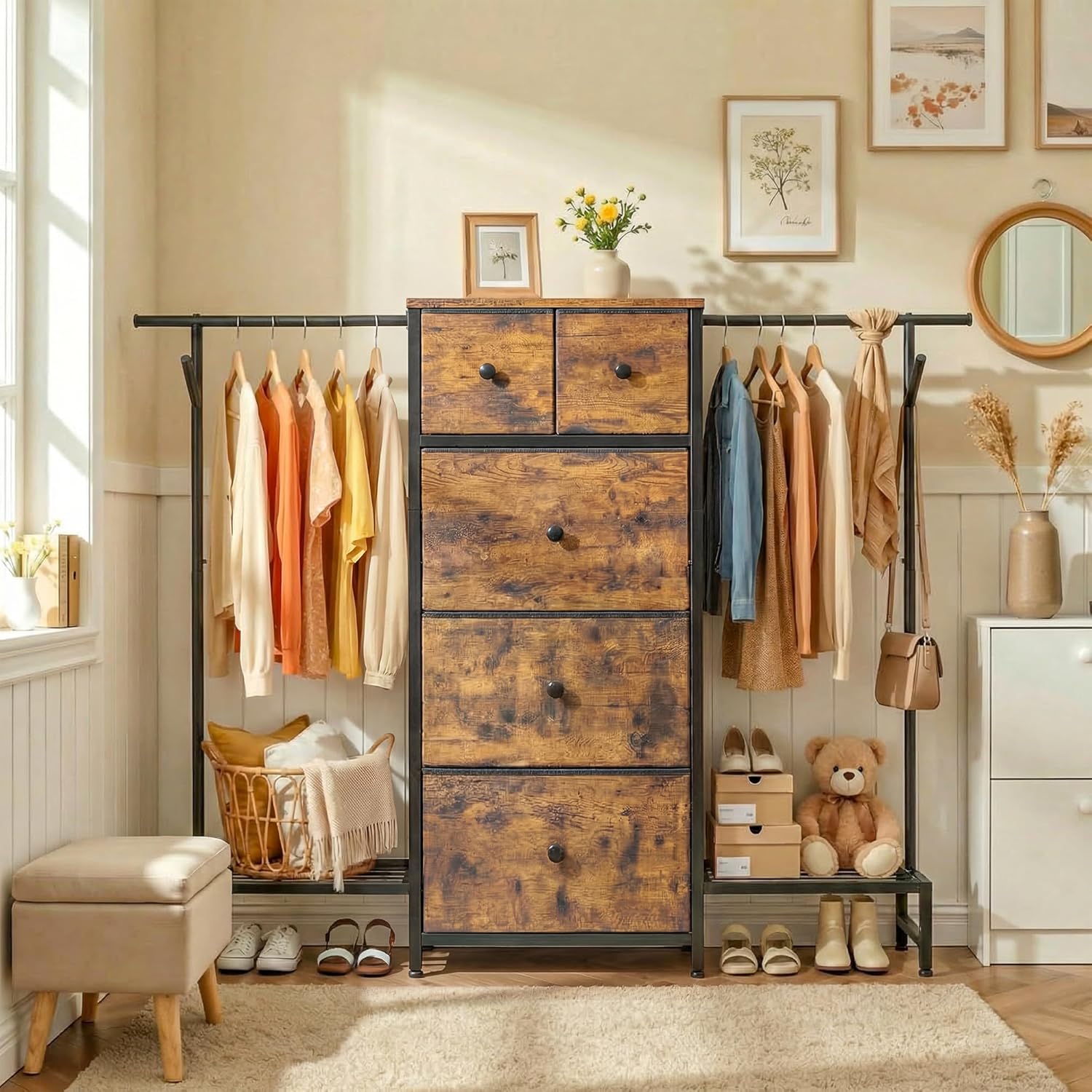 Romorgniz 57.8" W Dresser with Hanging Rack & 5 Fabric Drawers for Bedroom Chest of Drawers with Shoe Racks, Wooden Top Organizer, Rustic Brown