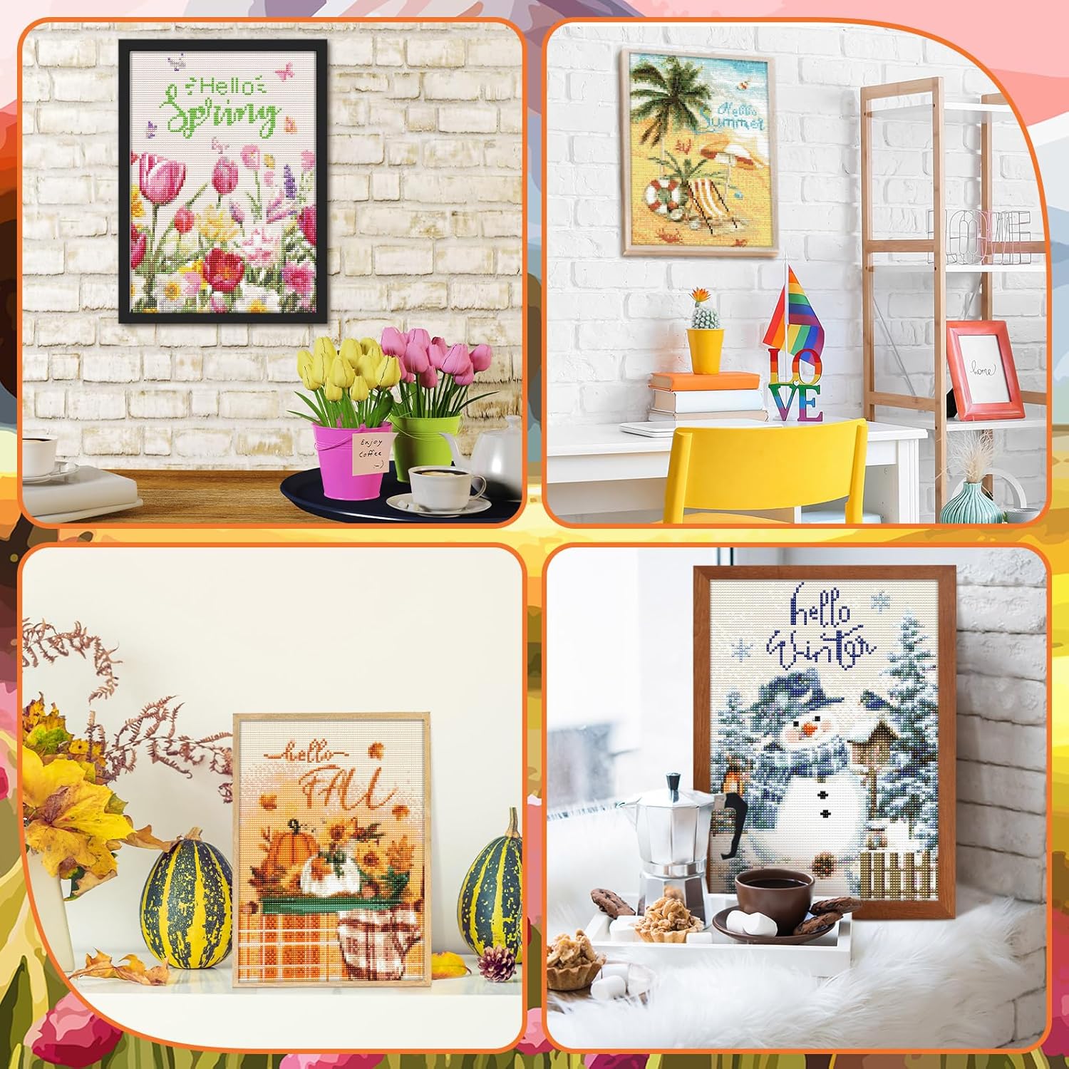 VioraWhite 12 Pcs Seasonal Diamond Art Set for Adults Holiday Theme Diamond Painting Kits for Women DIY Cartoon 5d Rhinestones Crafts Gifts with Tools for Home Wall Decoration(Fresh)