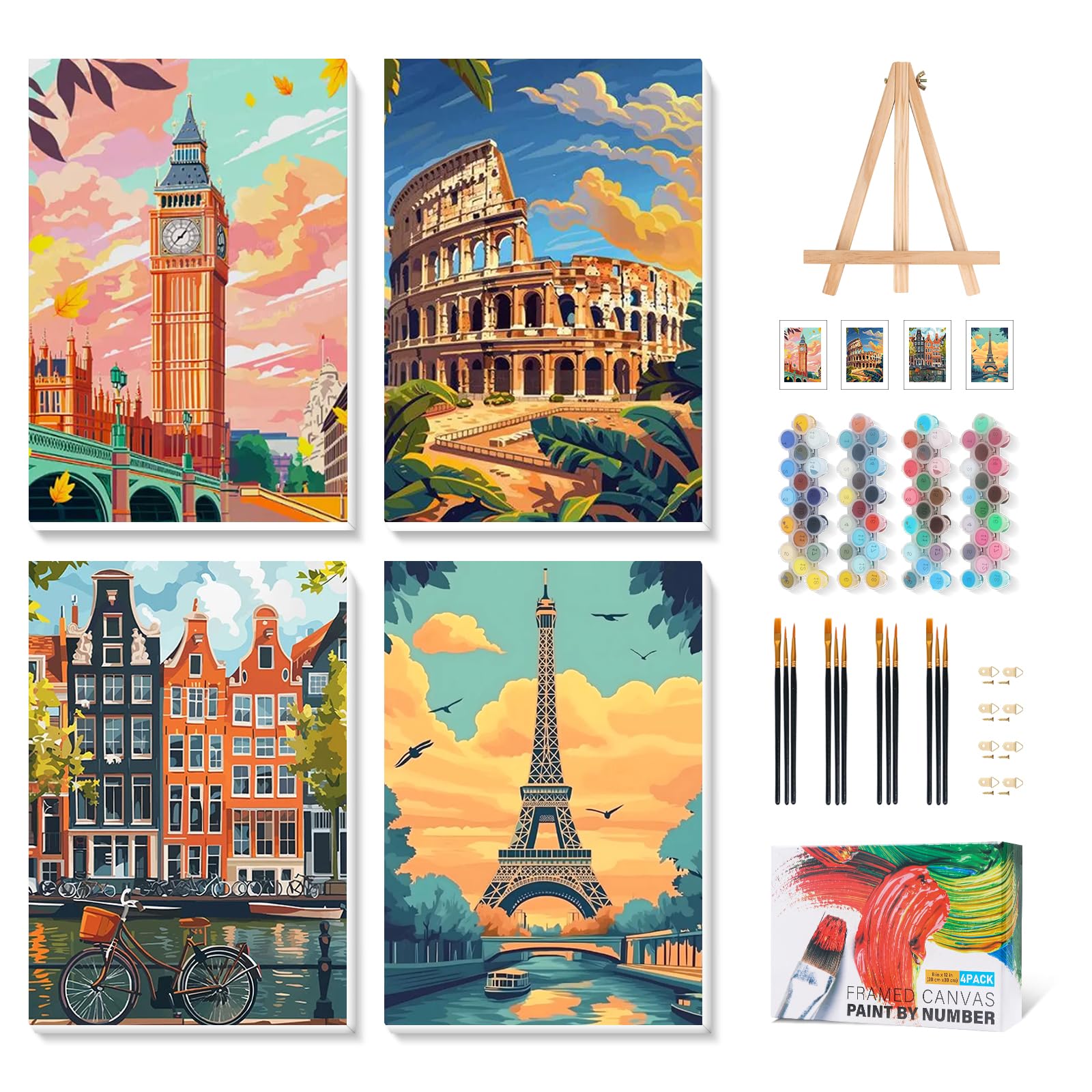 4 Pack Paint by Numbers for Adults with Frame, City Landscape Paint by Numbers with Wooden Easel for Beginner, City Travel Adult Painting by Numbers Canvas Kit with Framed for Home Decor 8 x 12 Inch