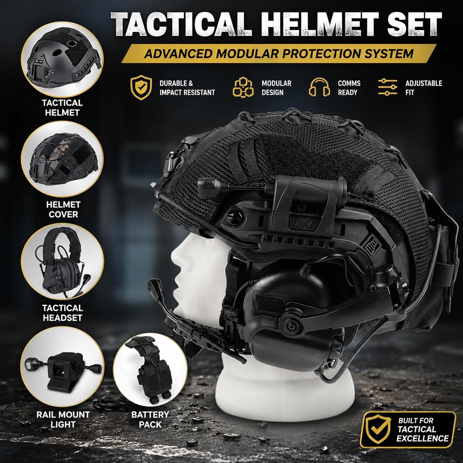 Tactical Helmet Set with Comms Headset and Mesh Cover, Adjustable Modular Protection System with Detachable Boom Mic, Counterweight Pouch for Airsoft, Paintball, Cosplay