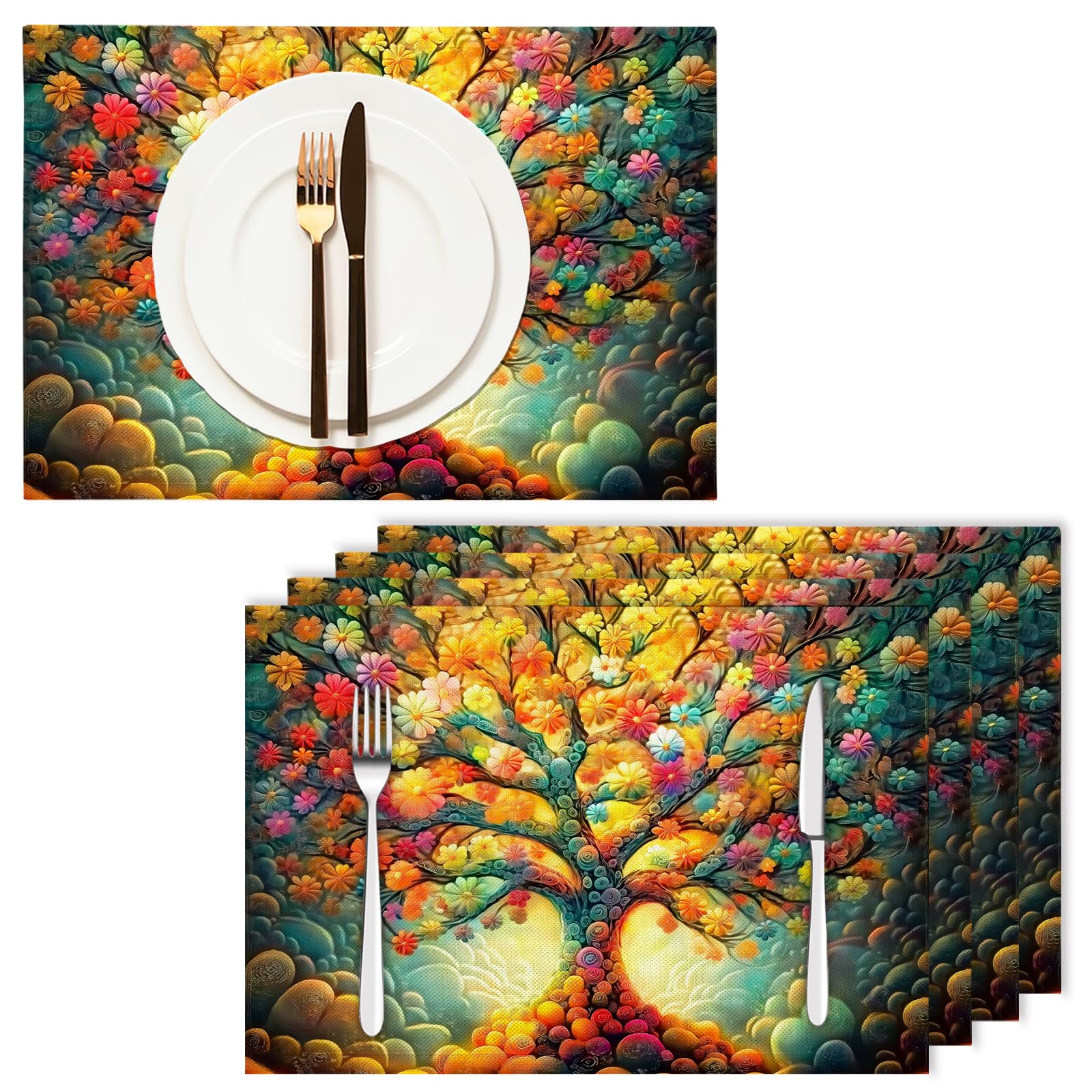 Set di 8 Tovagliette Americane Lavabili Cotone Lino Paesaggio psichedelico - Tovaglietta Americana Resistenti al Calore Durevole Fiori e foglie - per Colazione Pranzo 30×45 cm