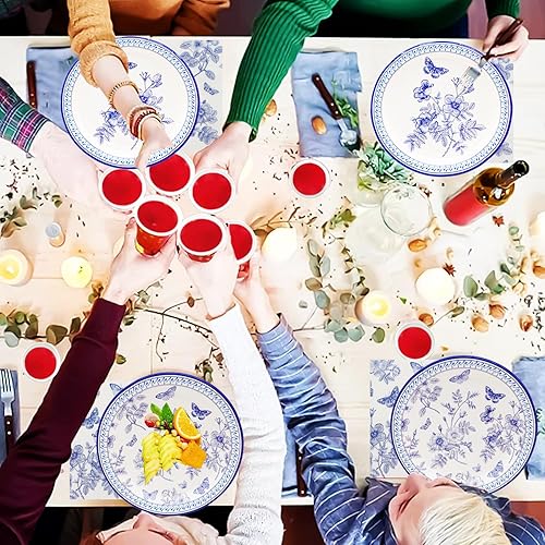 Miniatura 5 de HSPAIDYP Juego de 50 platos florales de papel azul y blanco, platos florales de 9 pulgadas, platos florales de 7 pulgadas, platos florales azules y