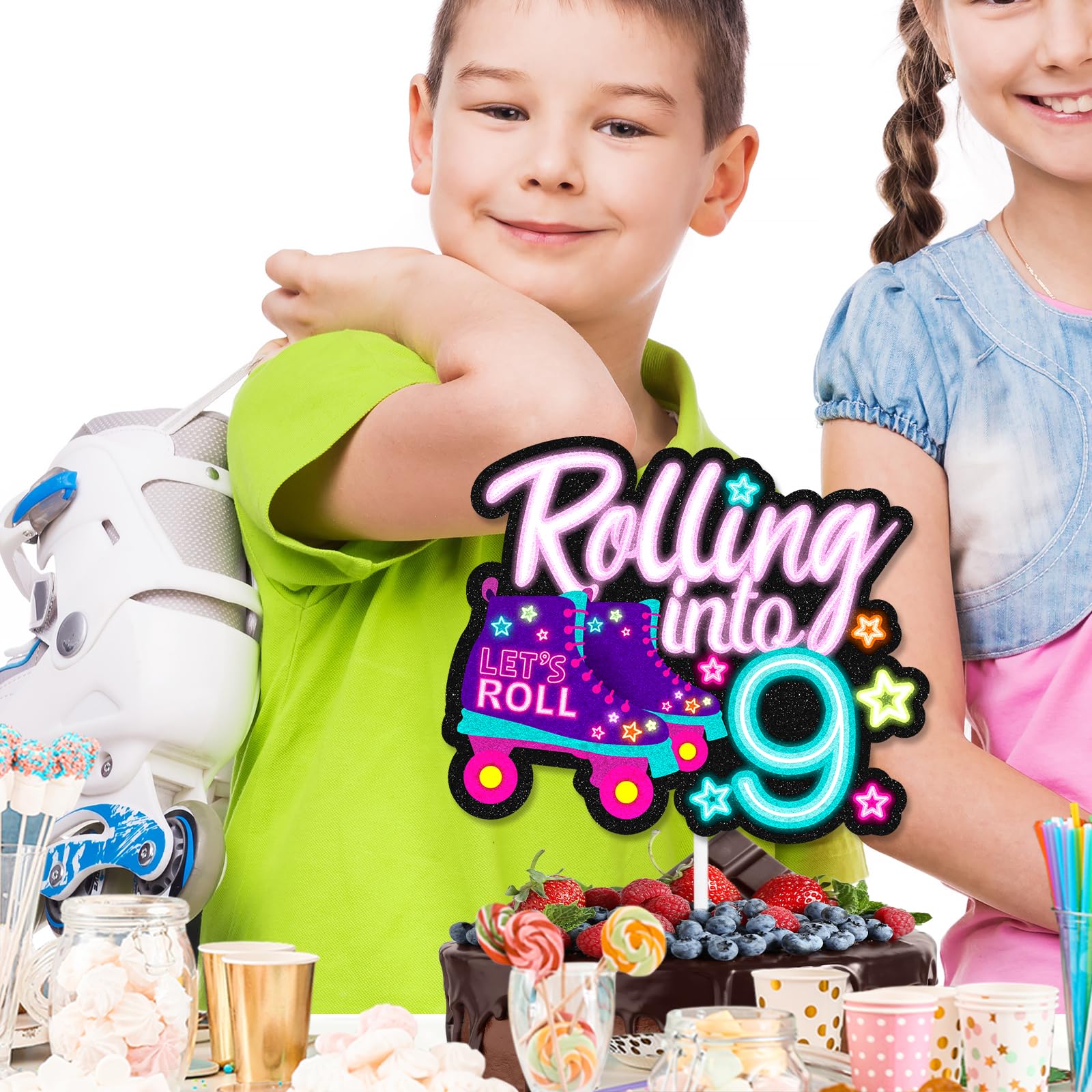 Rolling Into 9 Cake Topper – Glitzernde Rollschuhe, Ca. 17.5x13.7 Cm, Für 9. Geburtstagsparty