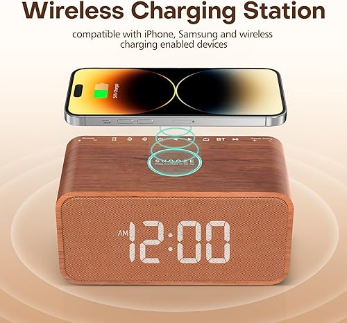 Miniatura 5 de ANJANK Reloj despertador de madera para dormitorio, altavoz Bluetooth con radio FM, estación de carga inalámbrica para iPhoneSamsung, alarma dual,
