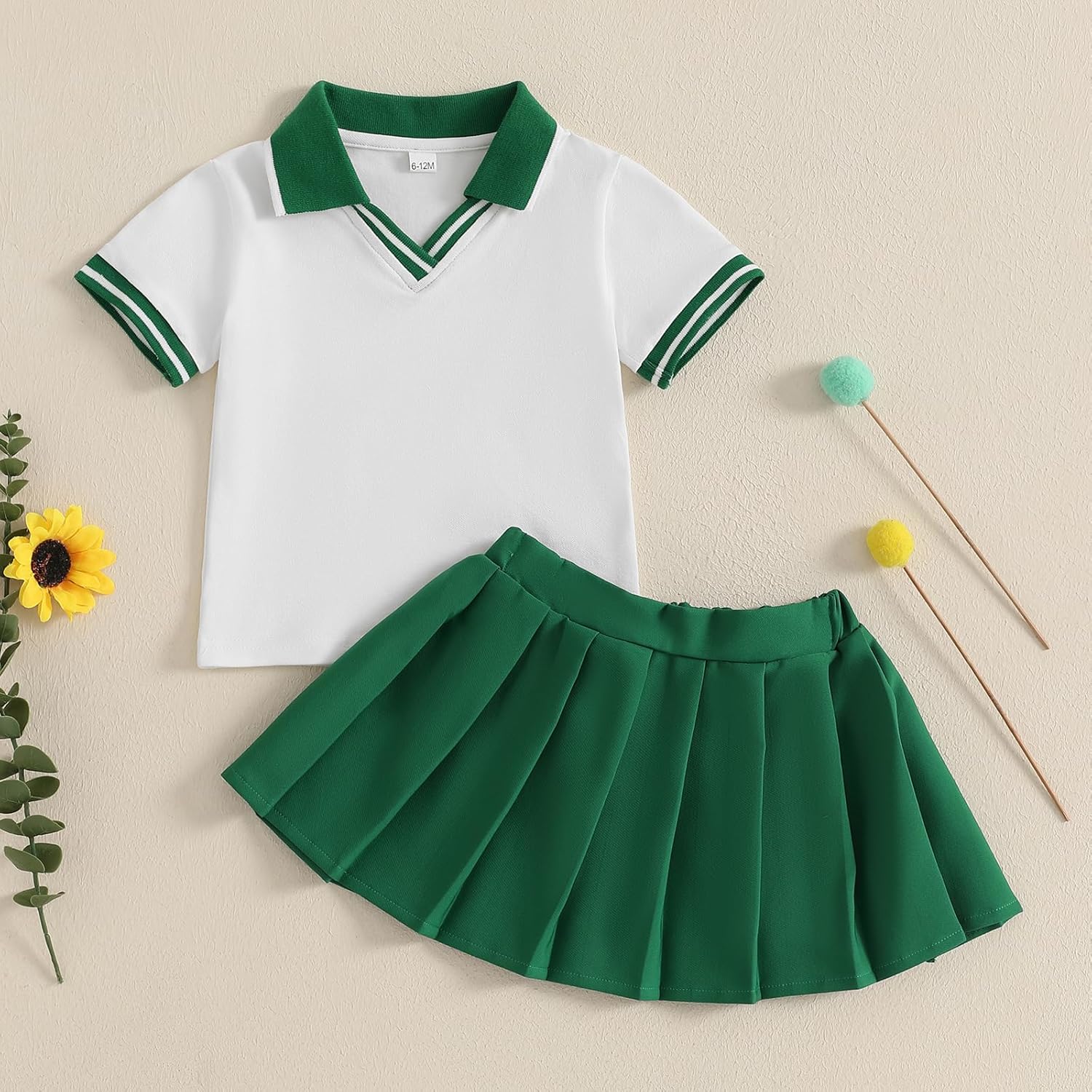 ZAXARRA Toddler Girl Sports Outfit Short Sleeve Lapel Tops Tennis Bow Pattern Mini A Line Skirt Casual Cute 2 Pcs Set - Image 2