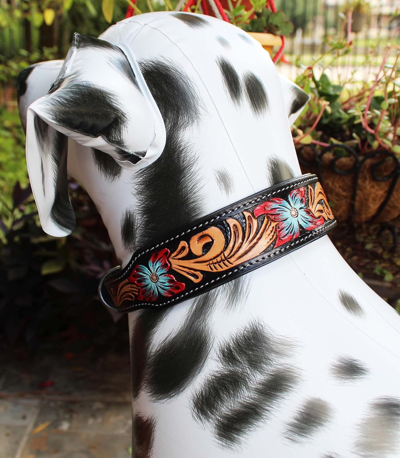 Large 21''- 25'' Padded Challenger 100% Cow USA Leather Dog Collar Tooled 60FK13