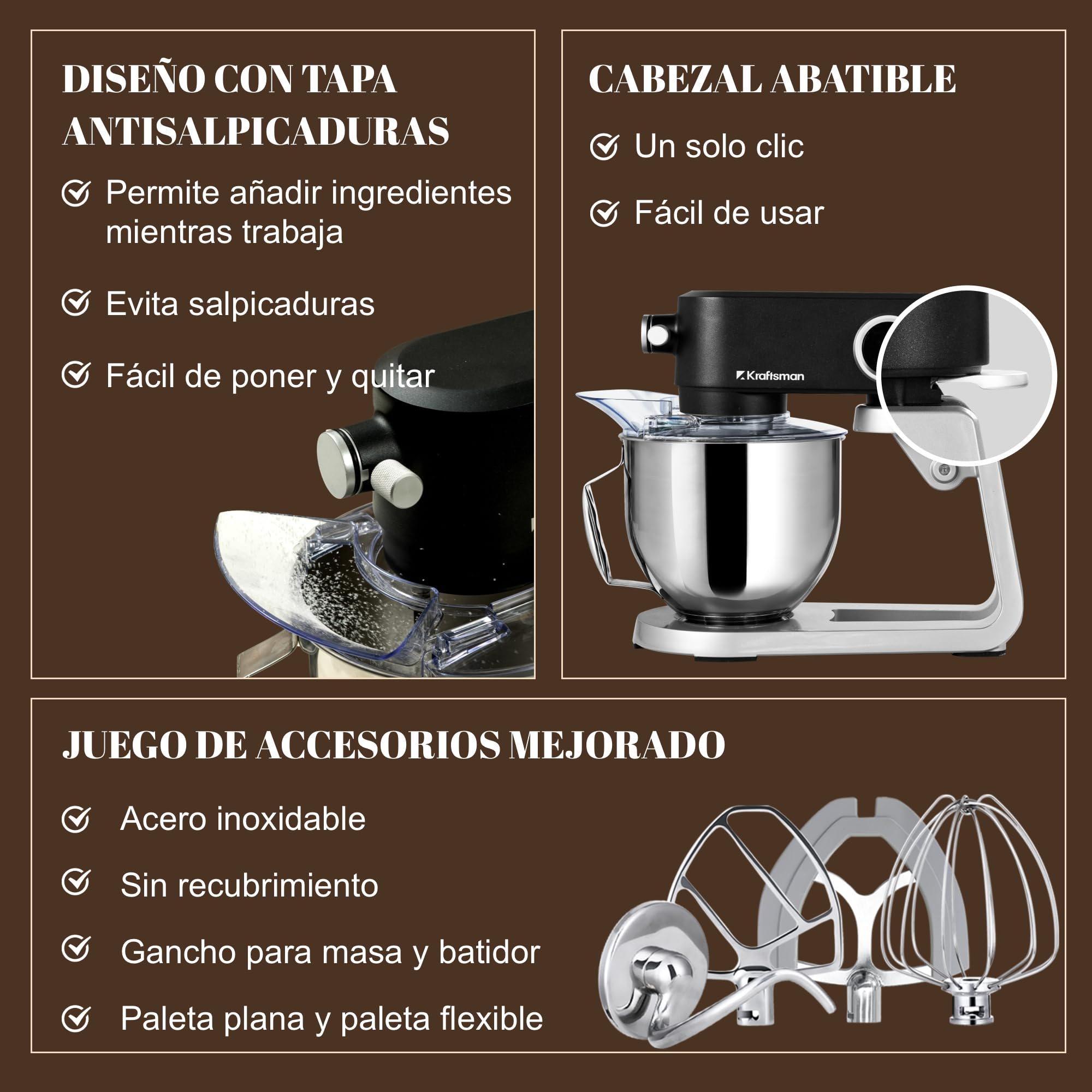 Robot de cocina, amasadora para masa de pan, carcasa de metal, 8 niveles con temporizador, cuenco de 5 L, 4 cabezales de acero inoxidable (Negro)