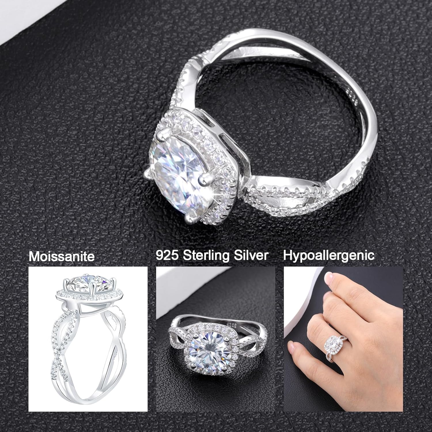 3CT Halo Moissanite Engagement Ring - 925 Sterling Silver Moissanite Rings Square Moissan Weeding Ring Anniversary Engagement Jewelry Gift for Women and Wife D Color VVS1 - Image 2