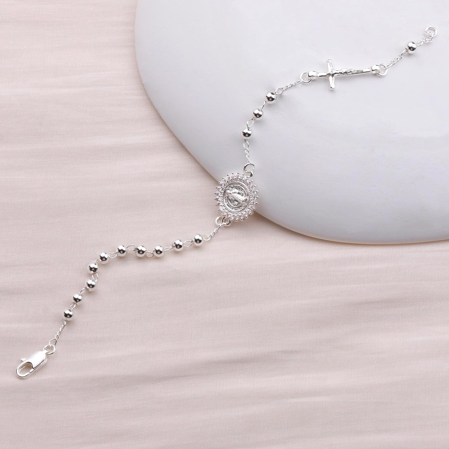 4mm Silver Plated Beads Catholic Rosary Chain Bracelet for Women with Gift Box - Image 2