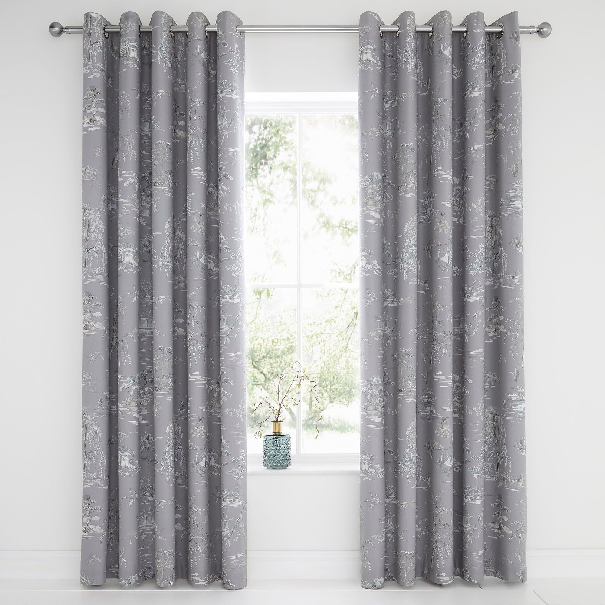 Dreams & Drapes Grey Design - Oriental Garden - Blackout Pair Of Eyelet Curtains - 66" Width X 54" Drop (168 X 137Cm) In