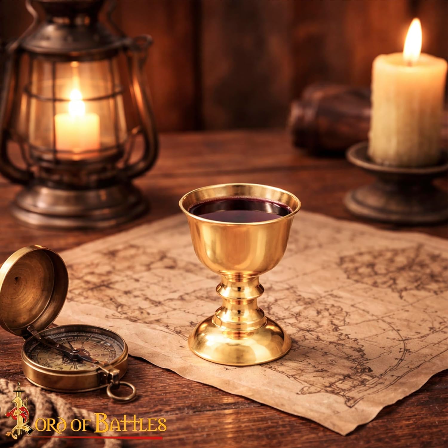 Lord of Battles Solid Brass Medieval Goblet - Gothic Vintage Chalice Royal Wine Glass for Weddings, Renaissance, Bar Decor (1 Piece) (100% Solid Brass, 200, Milliliters)