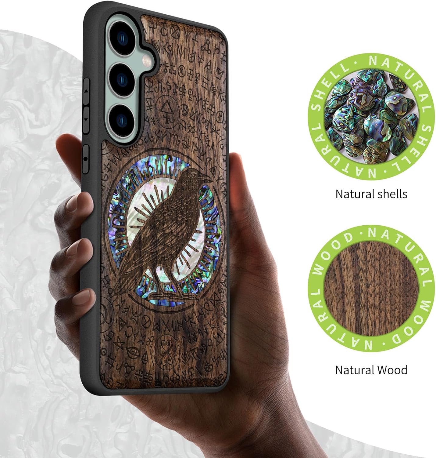 Carveit Designer Wooden Case for Samsung Galaxy S23 FE Cover [Wood Engraving & Shell Inlay] Compatible with Wireless Chargers S23 FE Case (Haloed Crow-Walnut)
