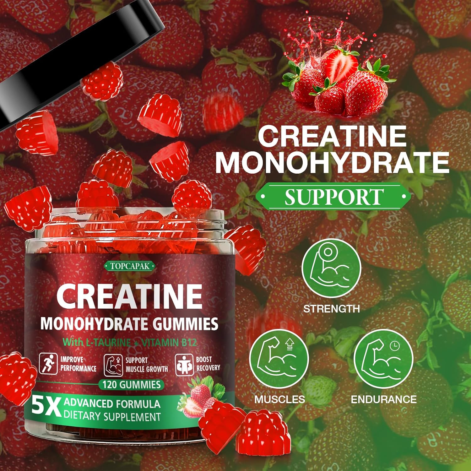 Creatine Gummies for Men & Women - Chewable Creatine Monohydrate Gummies with Taurine & Vitamin B12, 5g Creatine per Serving, Vegan, Strawberry Flavor, 120 Count