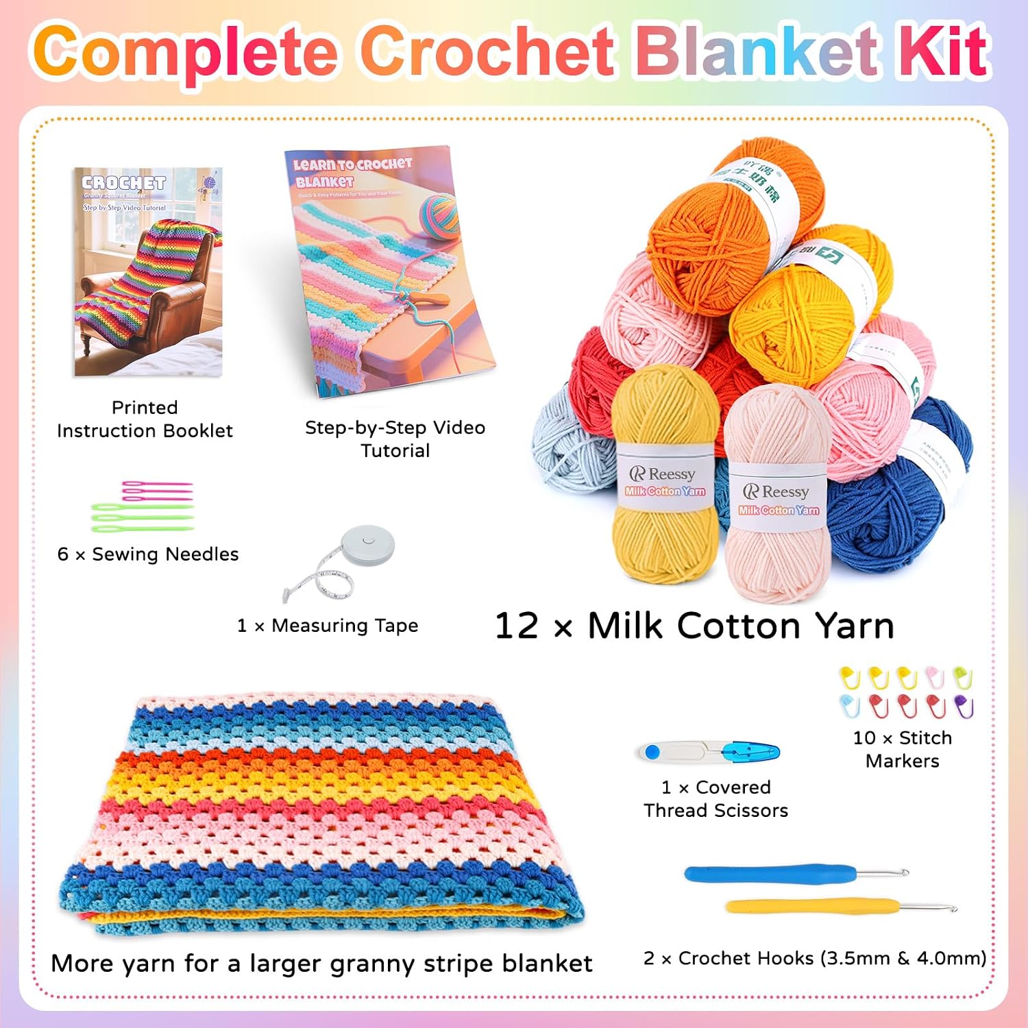 Reessy Crochet Blanket Kit for Beginners Adults – 12-Color Granny Stripe Crochet Kit with Milk Cotton Yarn, Hooks & Instructions – Beginner Crochet Blanket Kit for Travel, Car Throw & Home Décor