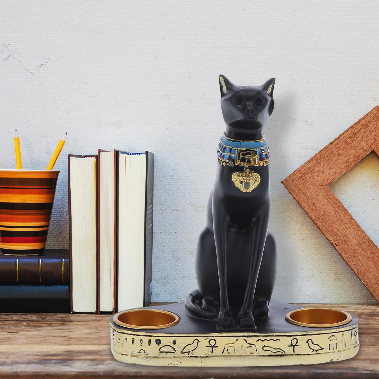 Estatua de la Diosa del Gato Egipcio Bastet, 7.9 Pulgadas de Resina del Antiguo Egipto, Diosa del Gato Bastet, Figura Coleccionable, Portavelas para Decoración de Escritorio | Resina sintética, sostenedor de velas de estatuilla de Egipto