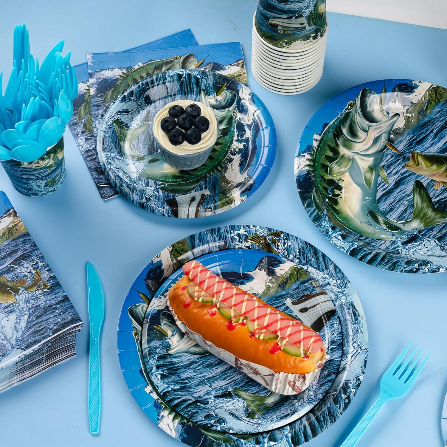 350pcs Fishing Party Decorations for 50 Guests gone Fishing Party Supplies Include Include Paper Plate, Napkin, Cup and Disposable Plastic Cutlery