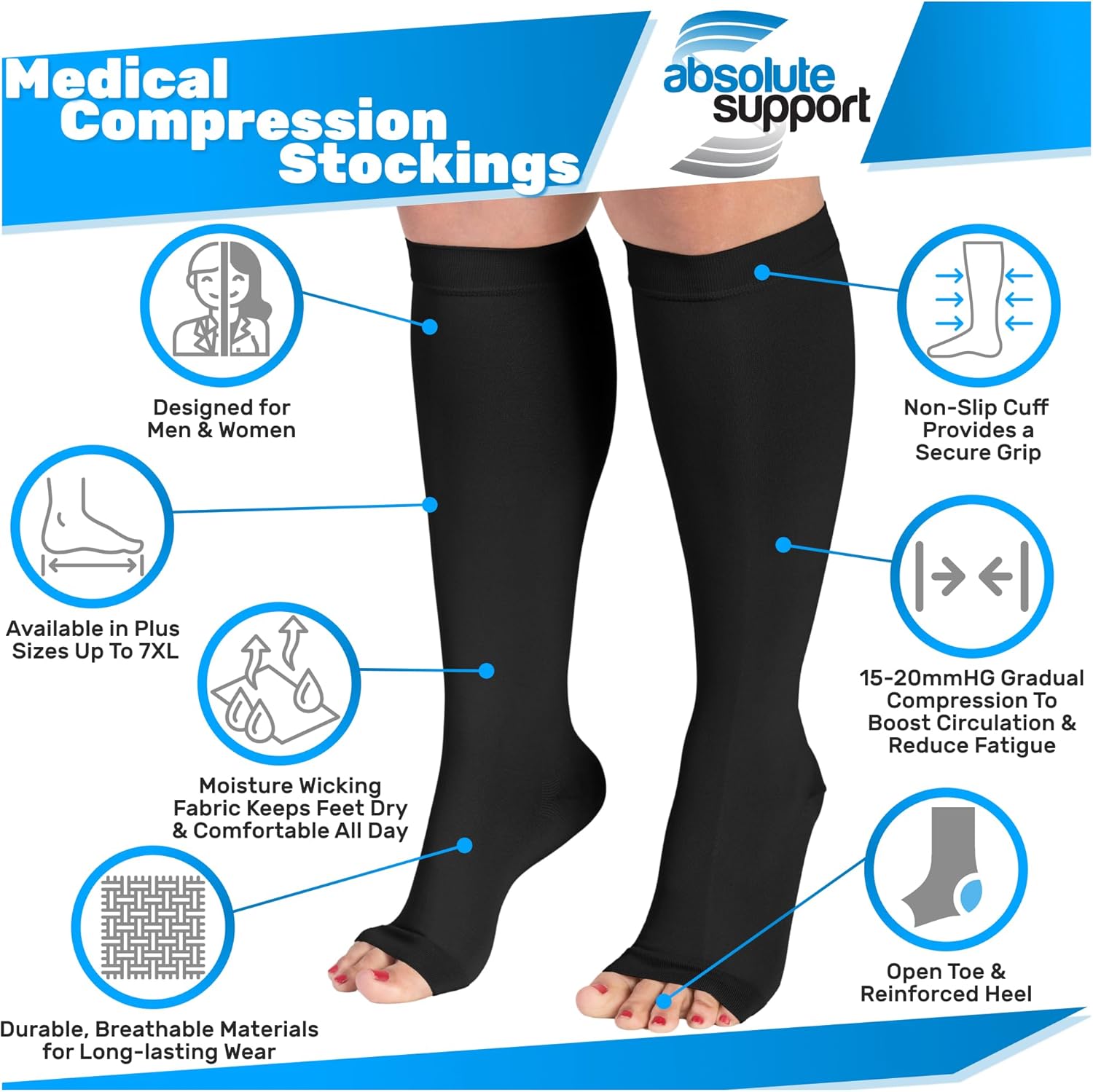 ABSOLUTE SUPPORT Open Toe Medical Compression Socks Up to 7XL 15-20mmHg Circulation for Women & Men, A515 - Image 2