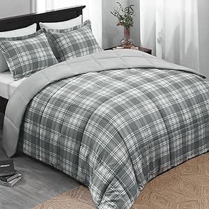 Basic Beyond King Size Grey Buffalo Plaid King Down Alternative Bedding Comforter Set for All Season(1 Comforter with 2 Pillow Shams, 104" x 92")