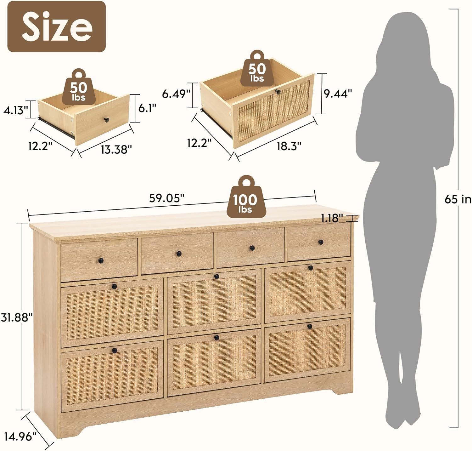 Brafab 59" Mid-Century Rattan 10 Drawer Dresser