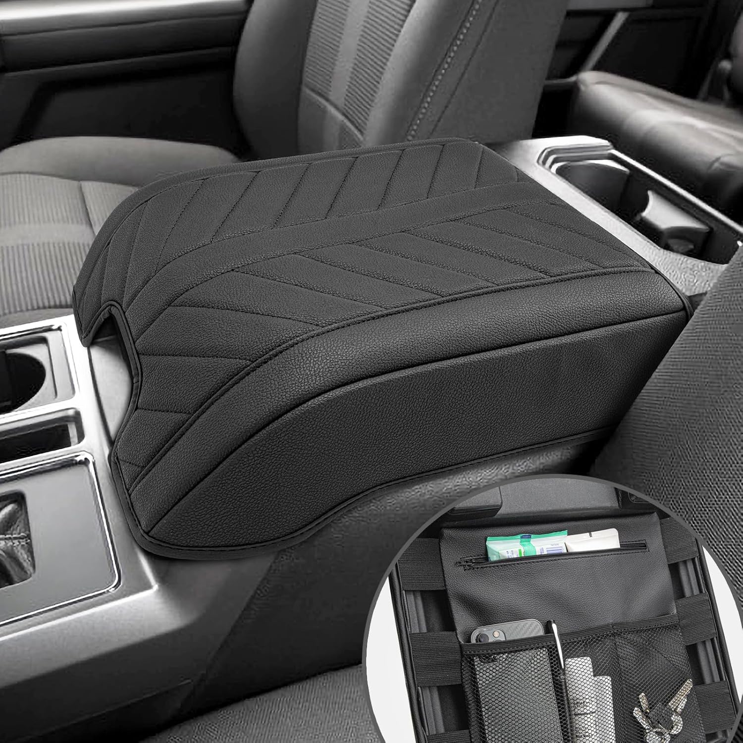 Center Console Cover for 2015-2020 F150 Accessories, F250 F350 F450 F550 2017-2022, Expedition 2018-2024, PU Leather Armrest Cusion Cover with Storage Bag, Bucket Seat Only, Black