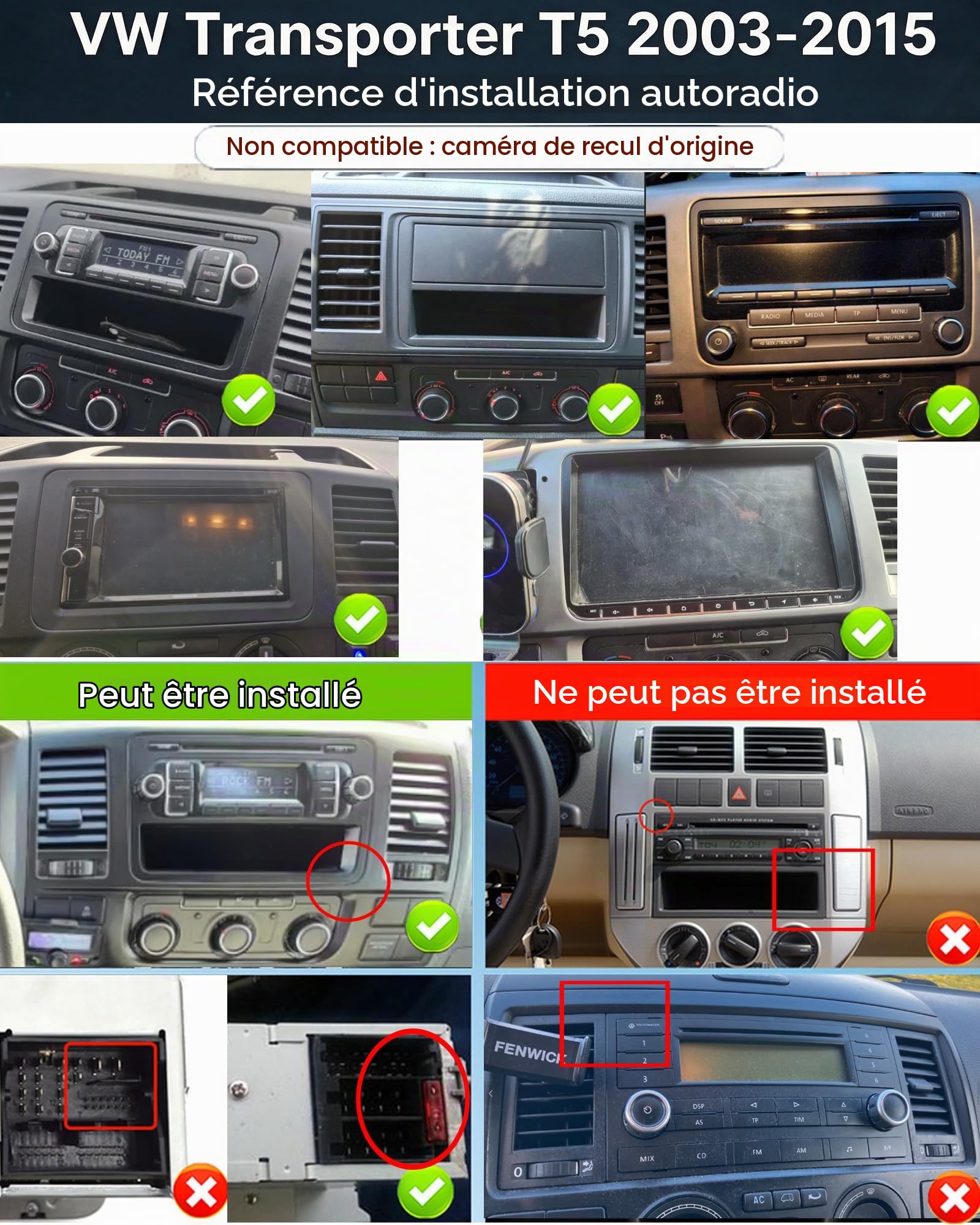 CAMECHO Autoradio avec Écran pour VW T5 Transporter 2003-2015, CarPlay Android Auto, 7" IPS Tactile, Double DIN, CANBUS, FM/AM/RDS, Bluetooth Mains Libres, Mirror Link, USB