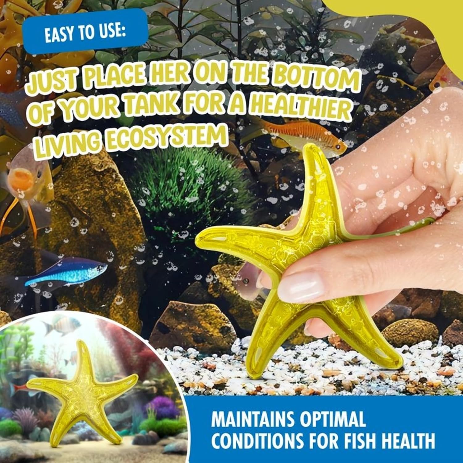 Sandy The Bio-Support Starfish - 3 Pack, Yellow- Promotes A Healthy Balanced Aquarium Ecosystem, Probiotic Growth, Tank Environment Control