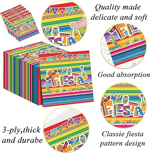 Miniatura 3 de Paquete de 50 servilletas de fiesta mexicana para fiesta del 5 de mayo, suministros de fiesta mexicana, servilletas de papel desechables con rayas