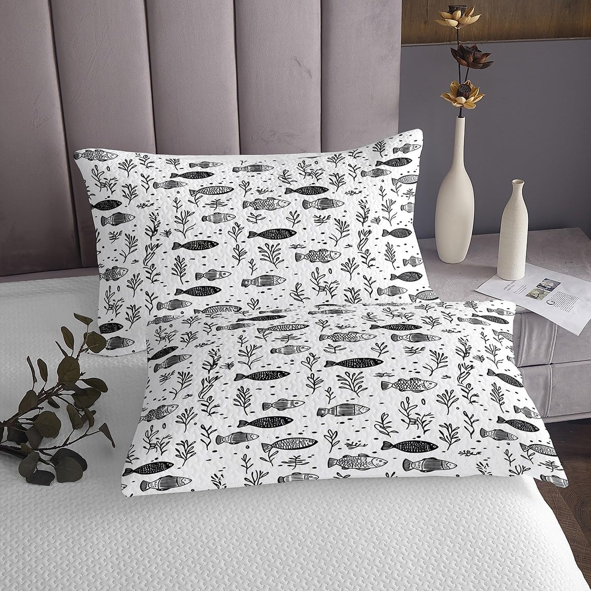 Homewish Fish Bedspread Queen Size,Hand Drawn Style Animal Bedding Set for Kids Boys Girls Room Decor,Underwater World Sealife Quilt 3Pcs,Nature Botanical Black White Coverlet Set,2 Pillowcases